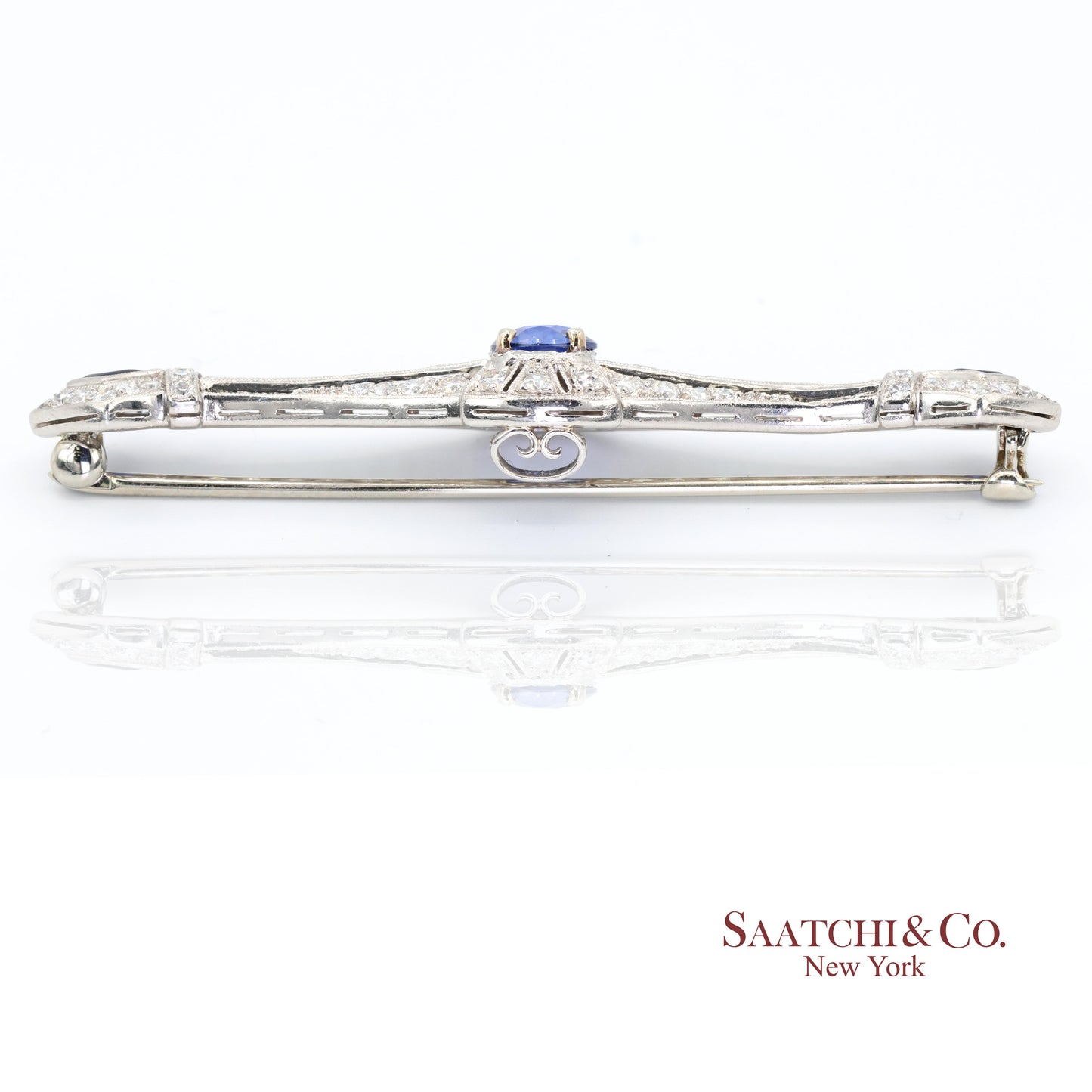 Platinum 950 Natural Sapphire and Diamond Brooch