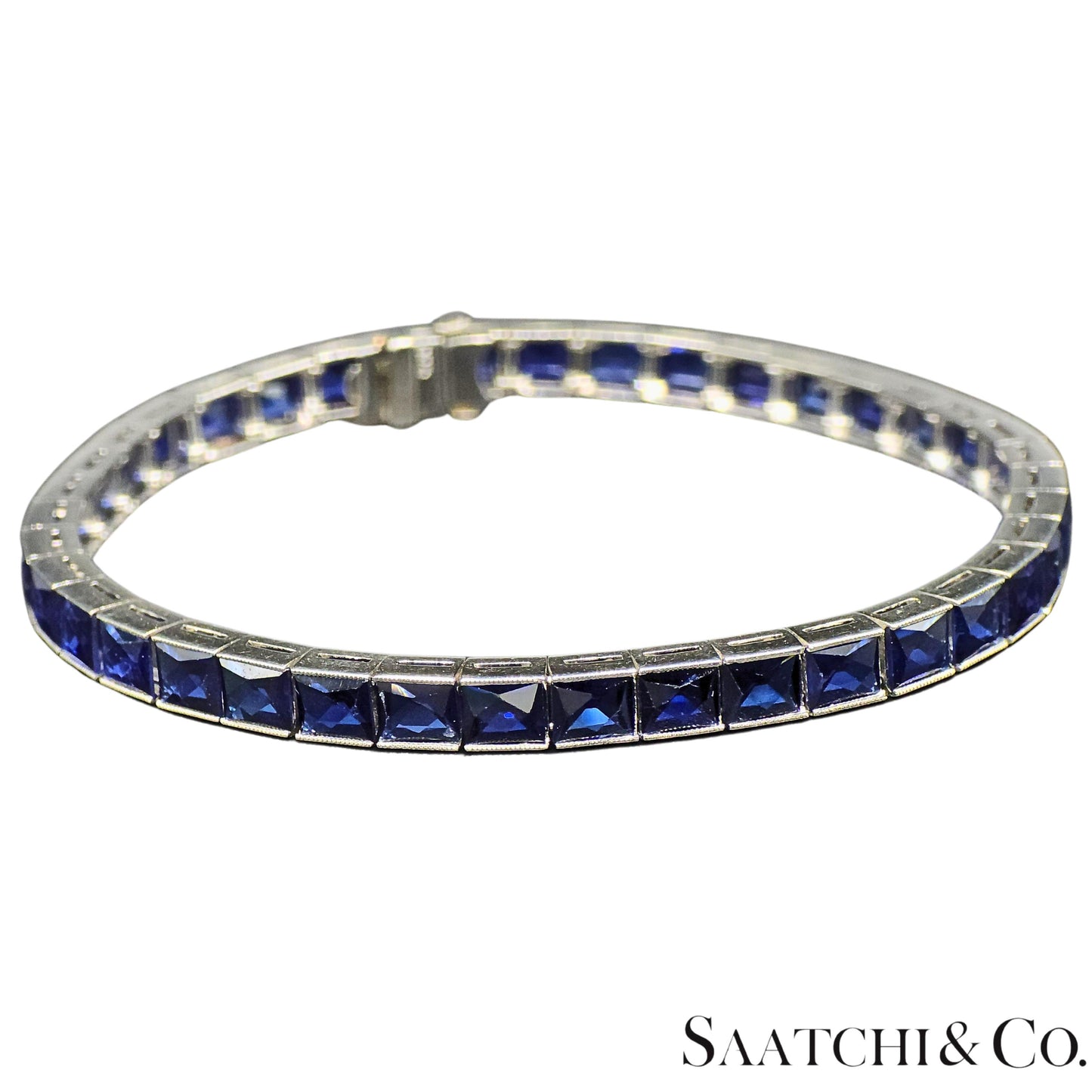 Platinum (950) LAB Created Top Quality Sapphire Grench Cut: Tennis Bracelet