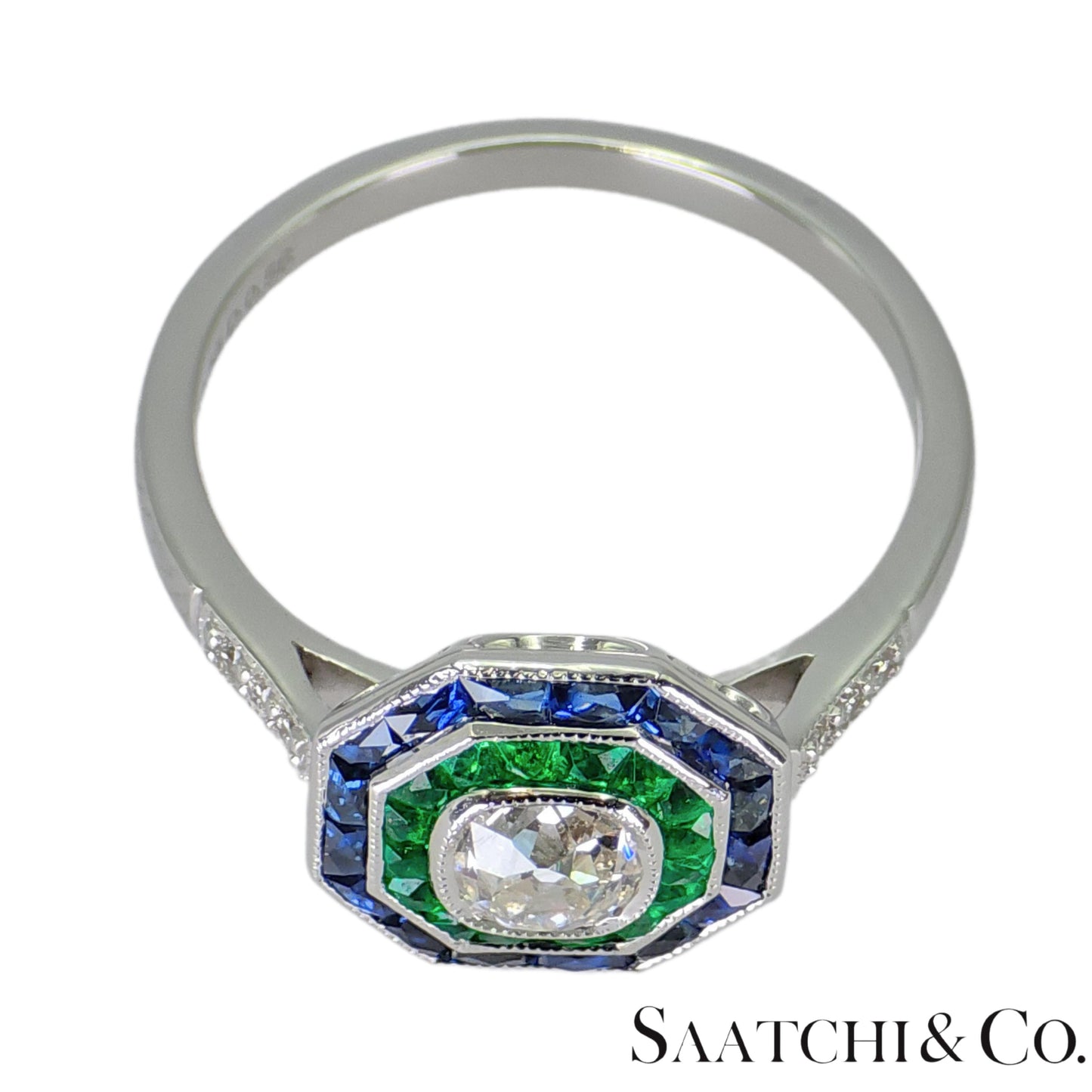 18K (750) White Gold Cushion Shape Natural Diamond Sapphire Emerald: Ring