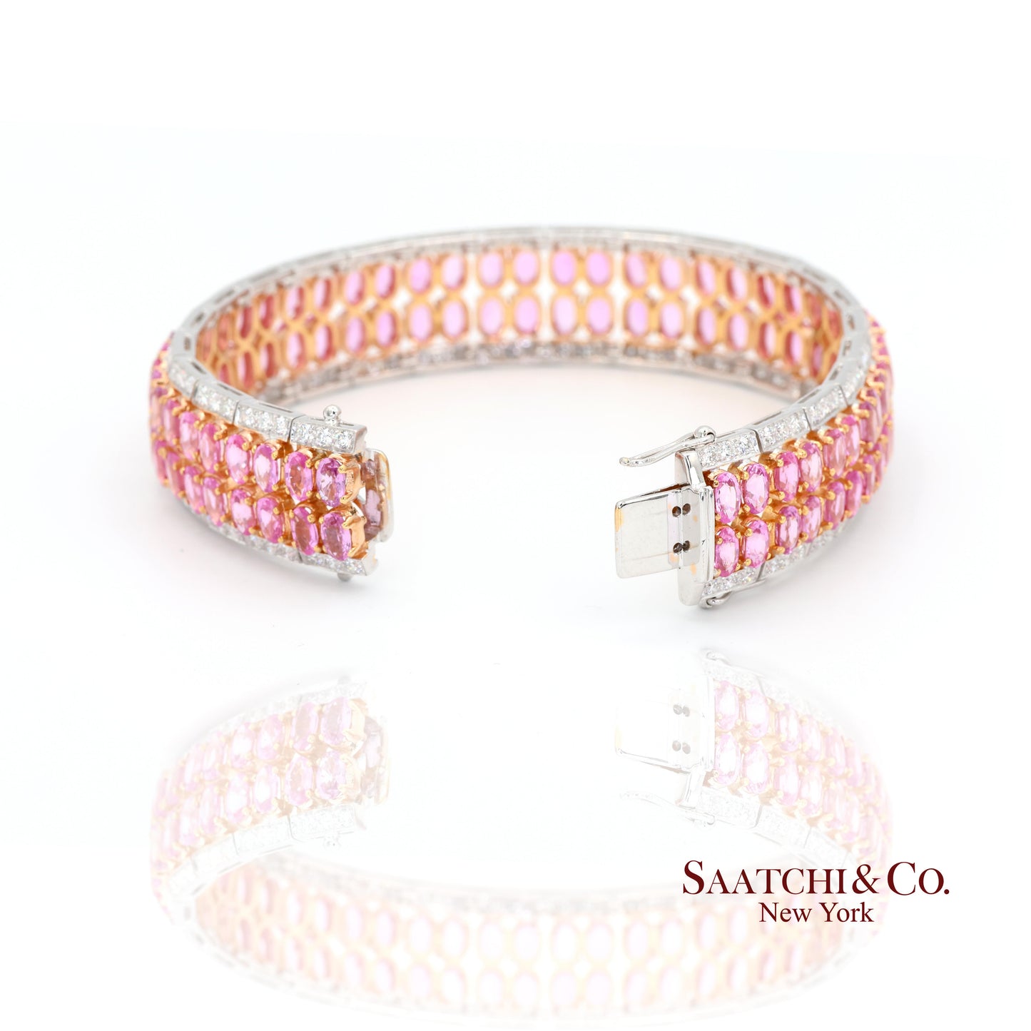 18k (750) White Gold Natural Pink Sapphire and Diamond Bangle Bracelet