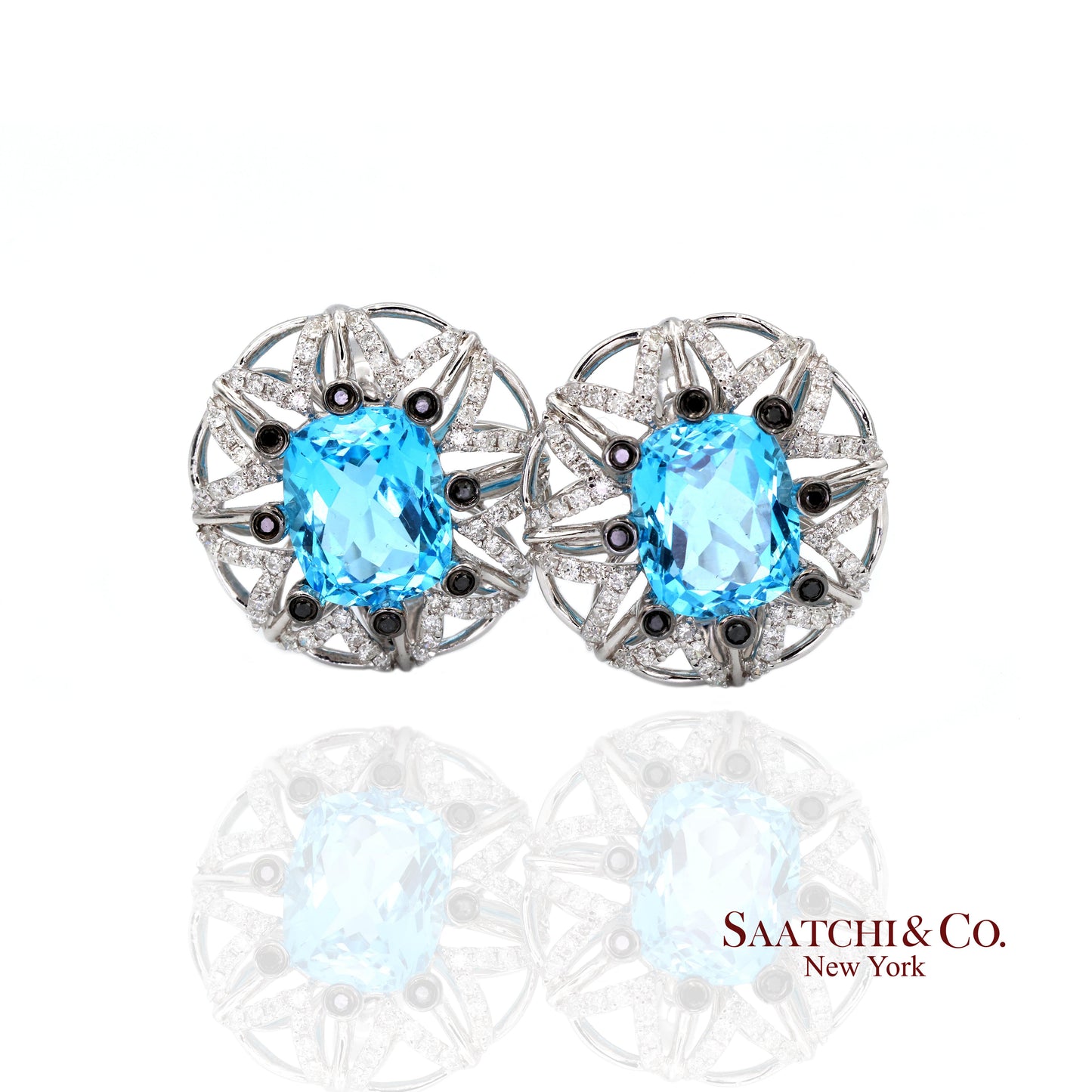 14k (585) White Gold Natural Blue Topaz and Diamond Earrings