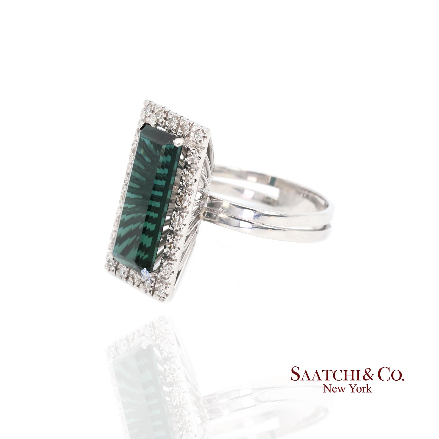 Pt 900 Natural Green Tourmaline and Natural Diamond Ring