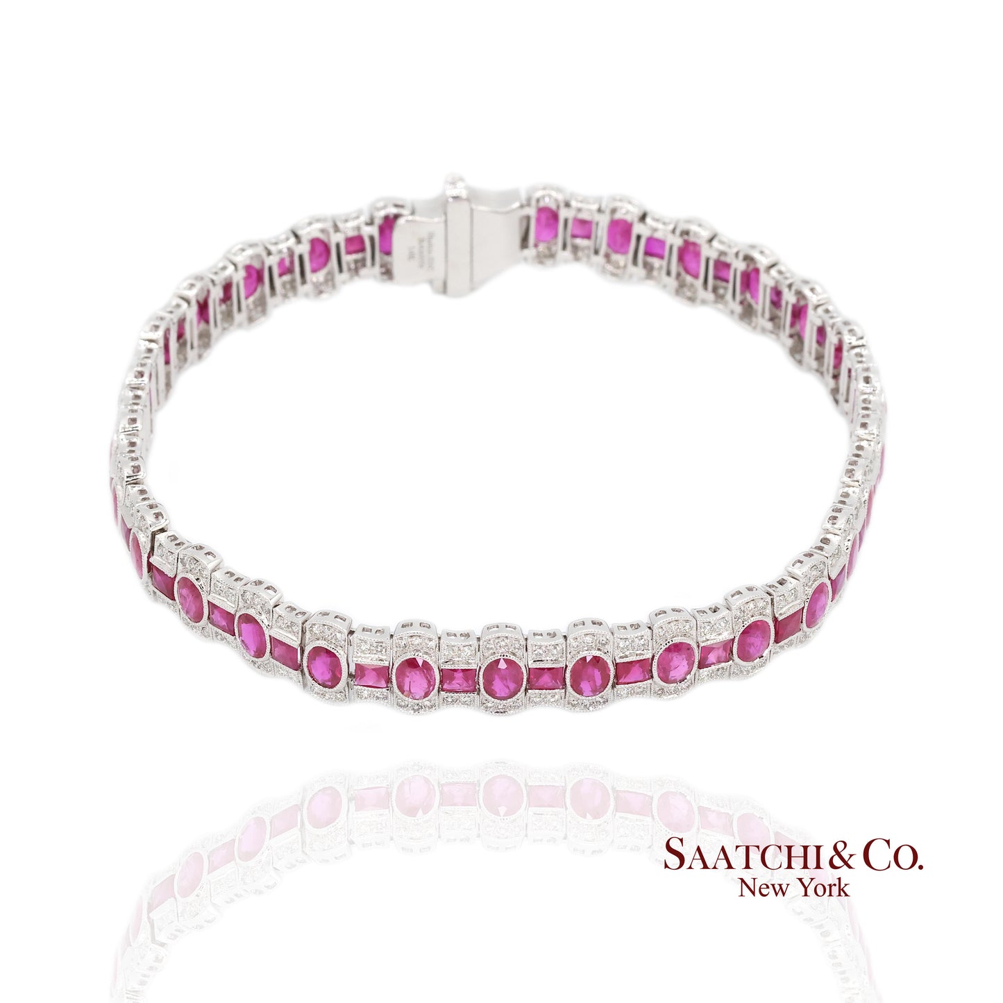 14K White Gold Natural Ruby Diamond Tennis Bracelet Milgrain Setting