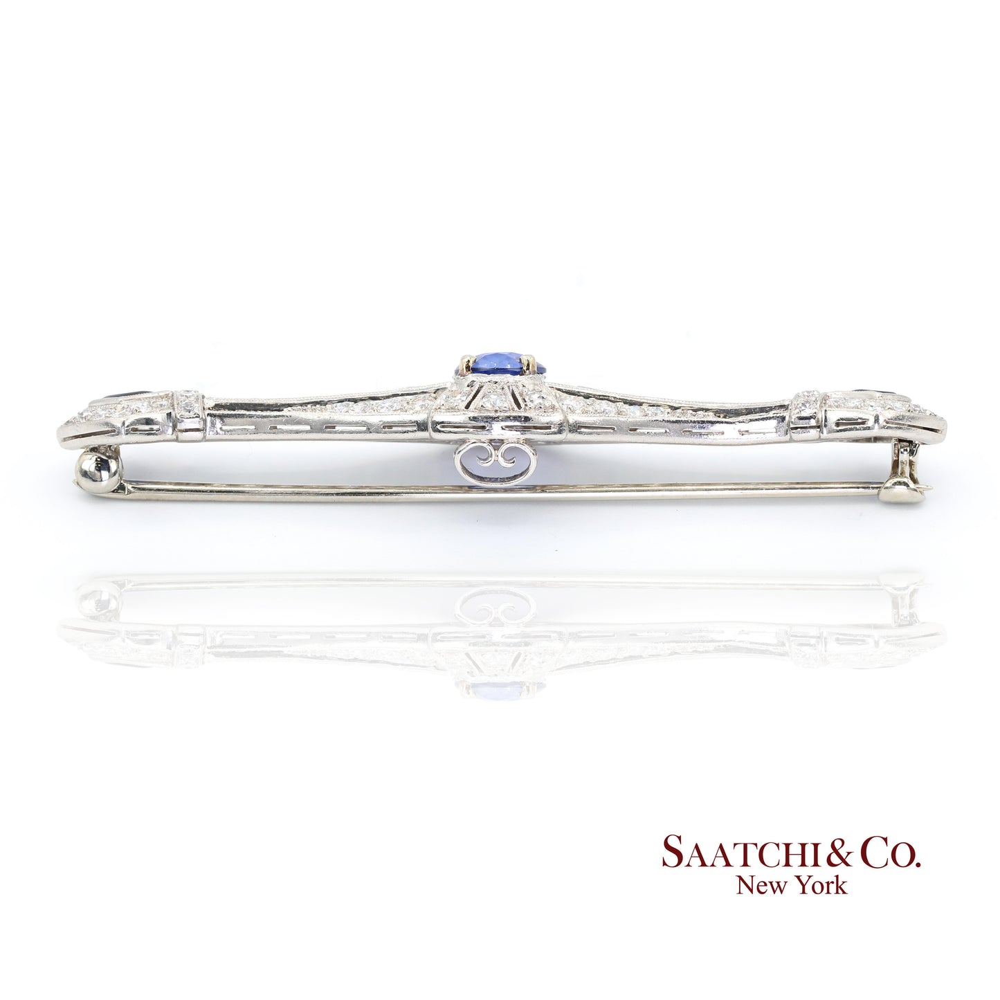 Platinum 950 Natural Sapphire and Diamond Brooch