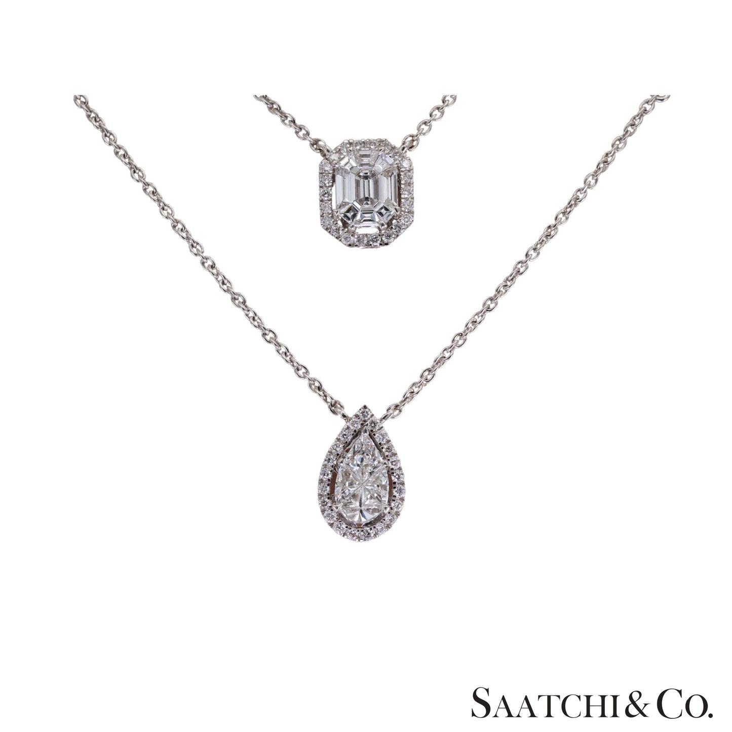 18k white gold pie cut pear and Emerald setting natural diamond necklace