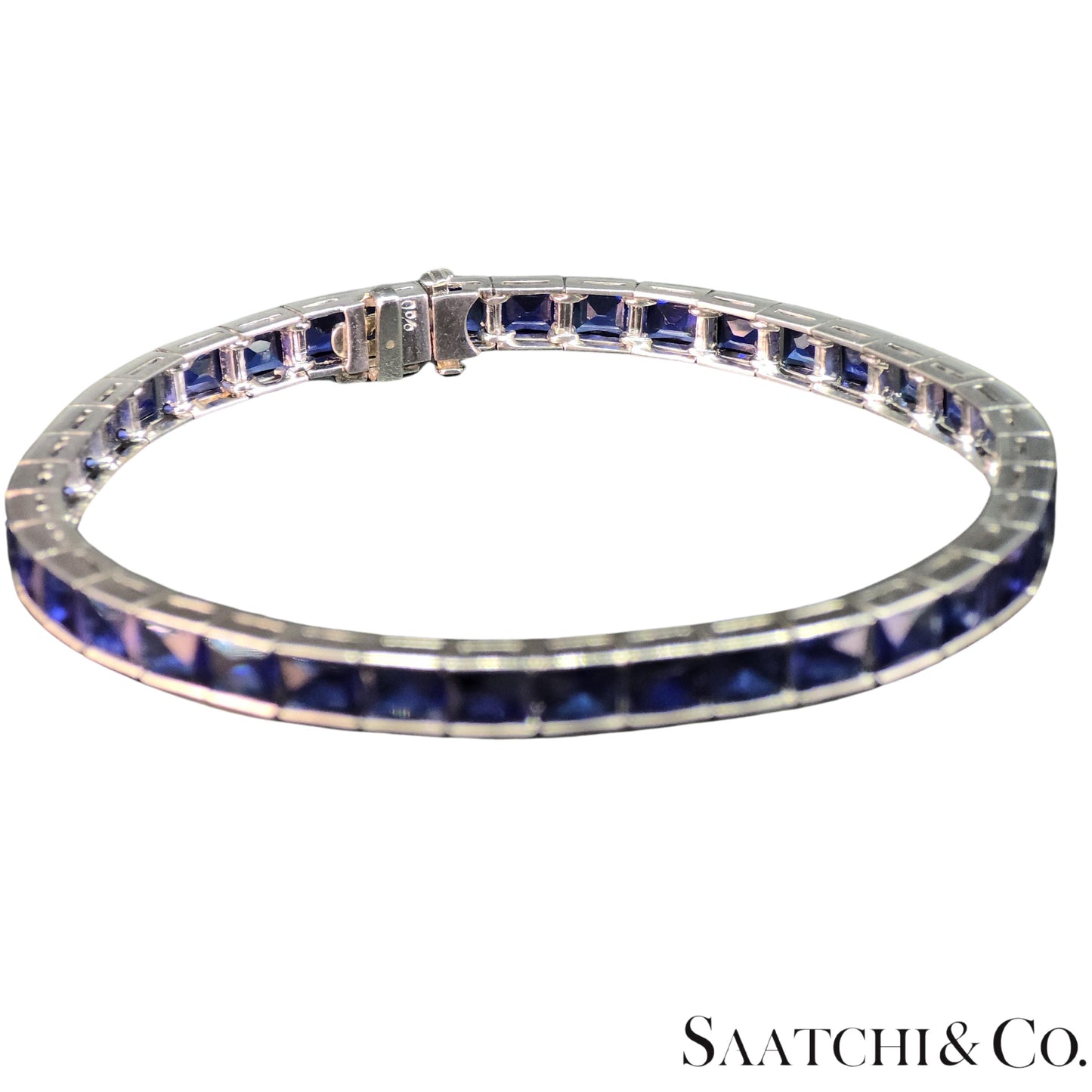 Platinum (950) LAB Created Top Quality Sapphire Grench Cut: Tennis Bracelet