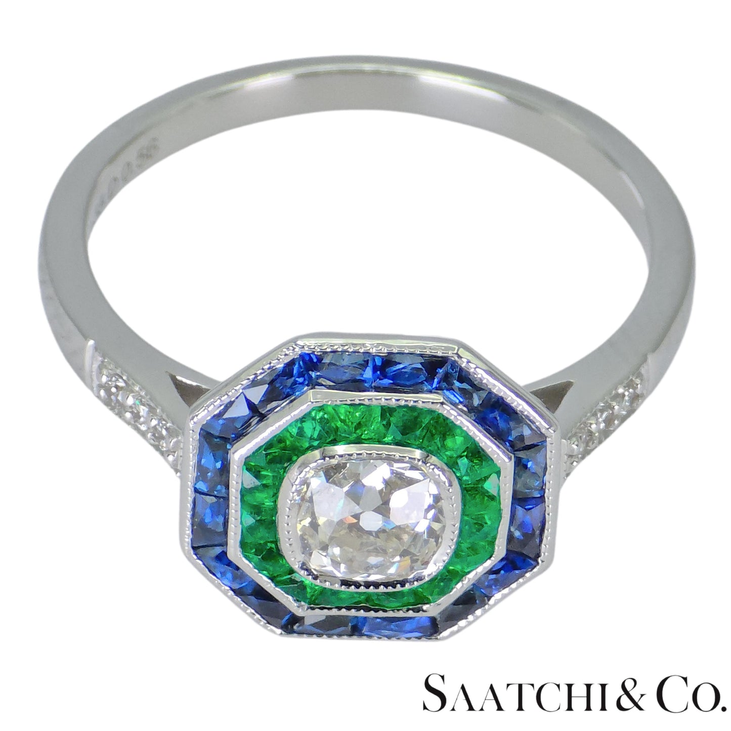 18K (750) White Gold Cushion Shape Natural Diamond Sapphire Emerald: Ring