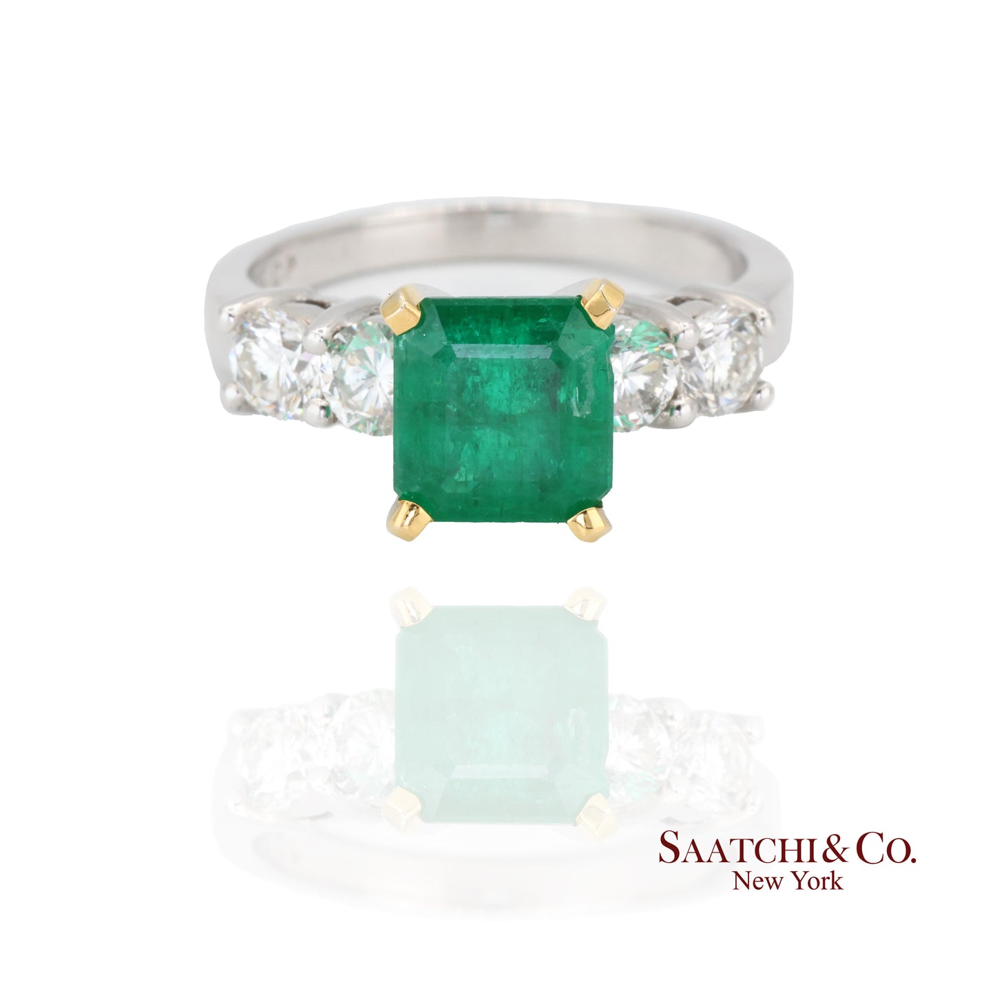18k (750) White Gold Natural Emerald and Diamond Ring Size 7