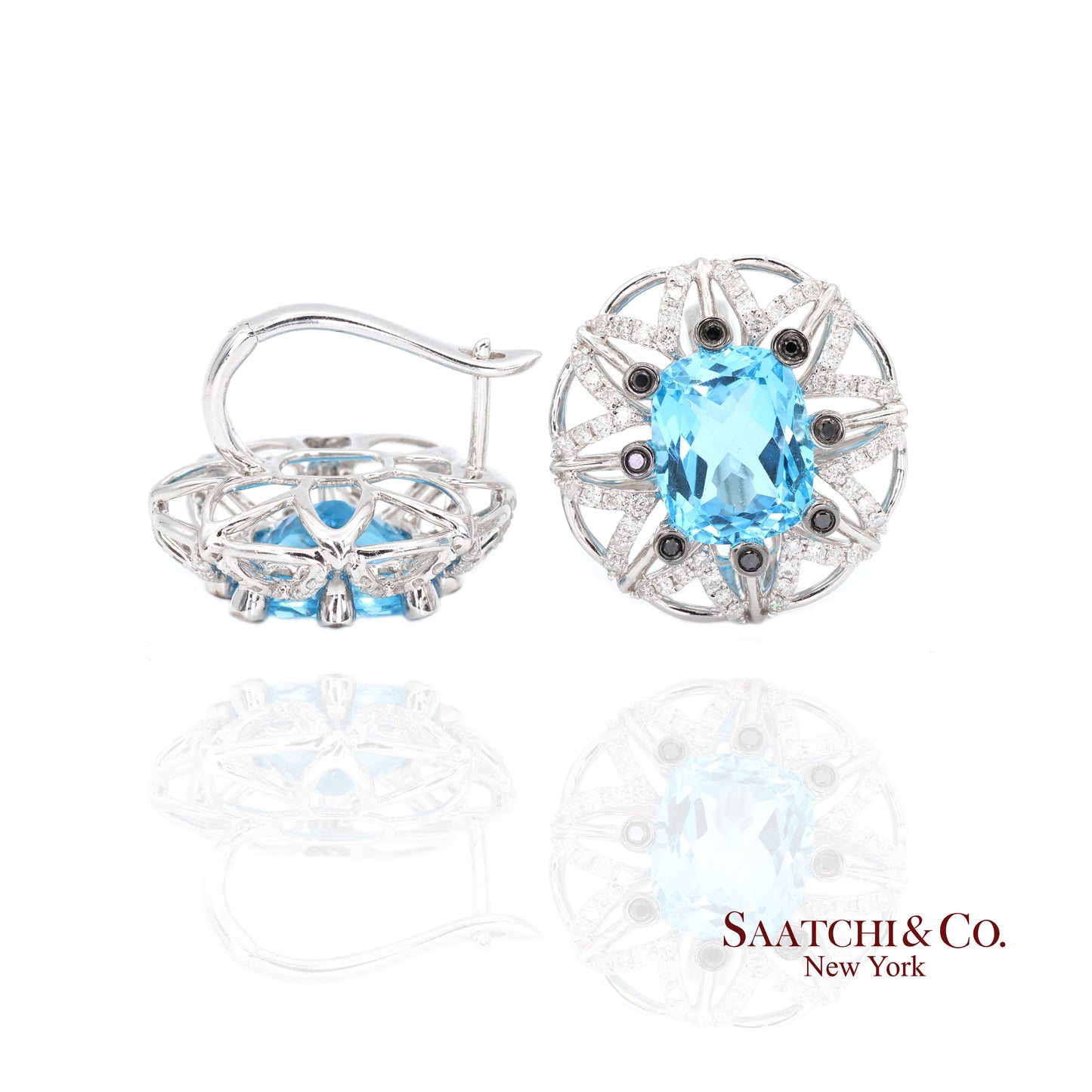 14k (585) White Gold Natural Blue Topaz and Diamond Earrings
