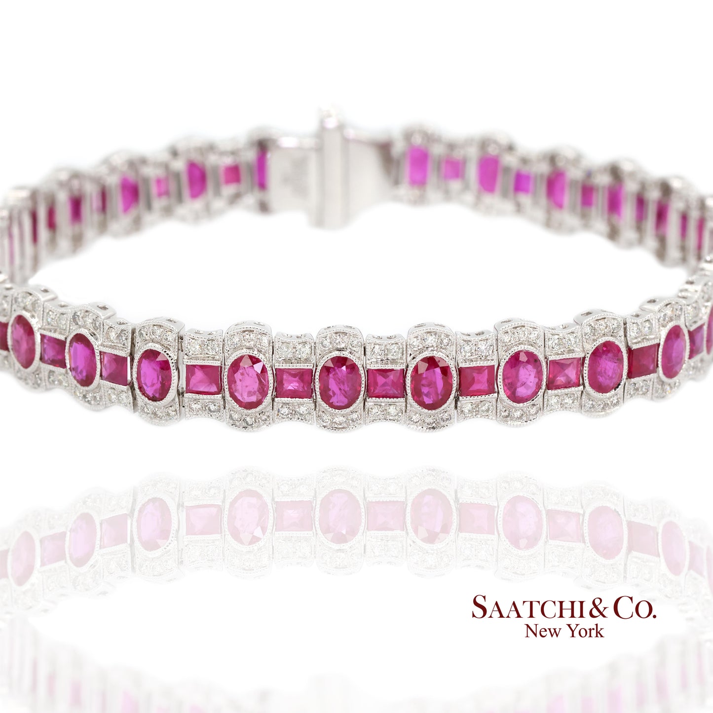 14K White Gold Natural Ruby Diamond Tennis Bracelet Milgrain Setting