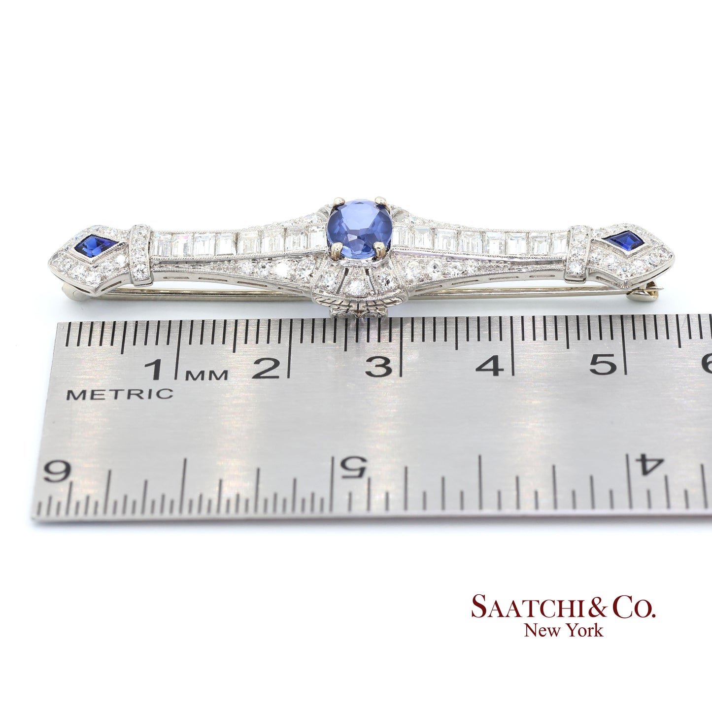 Platinum 950 Natural Sapphire and Diamond Brooch