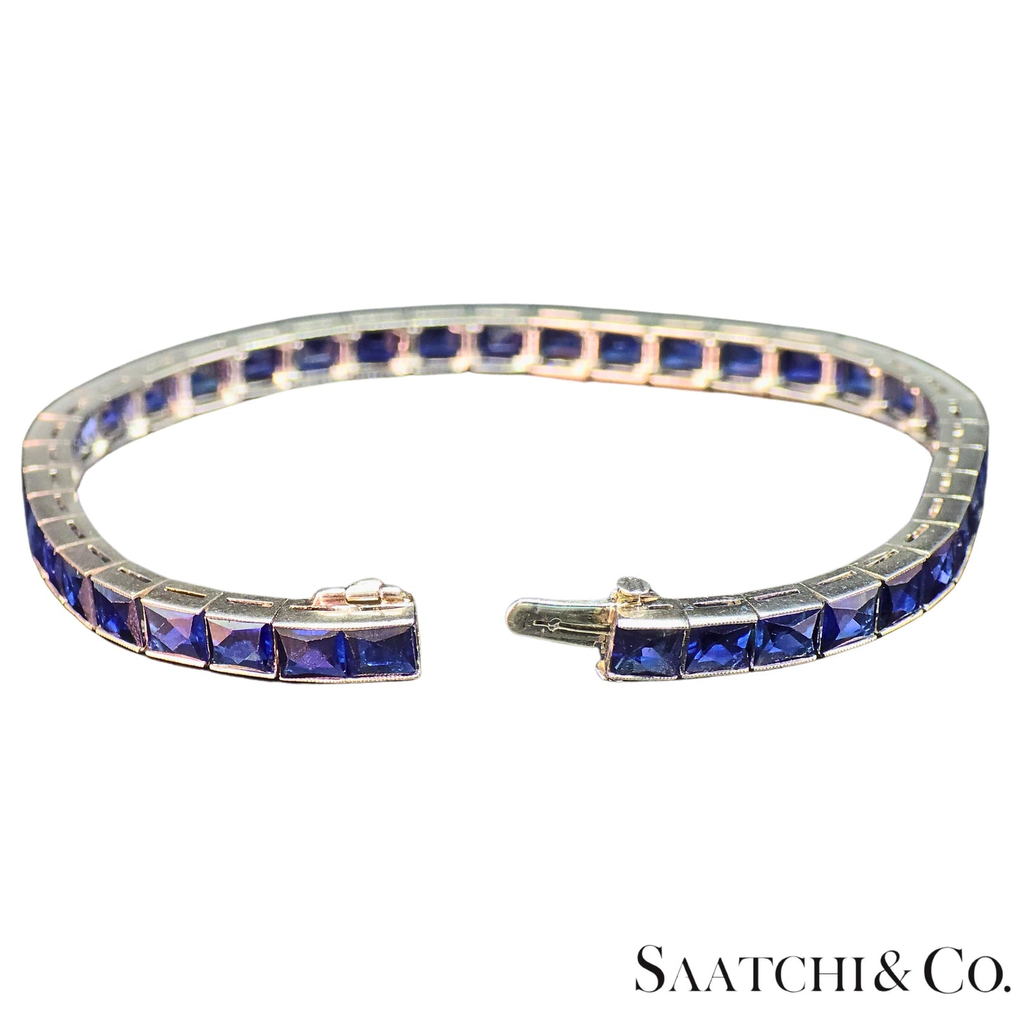 Platinum (950) LAB Created Top Quality Sapphire Grench Cut: Tennis Bracelet