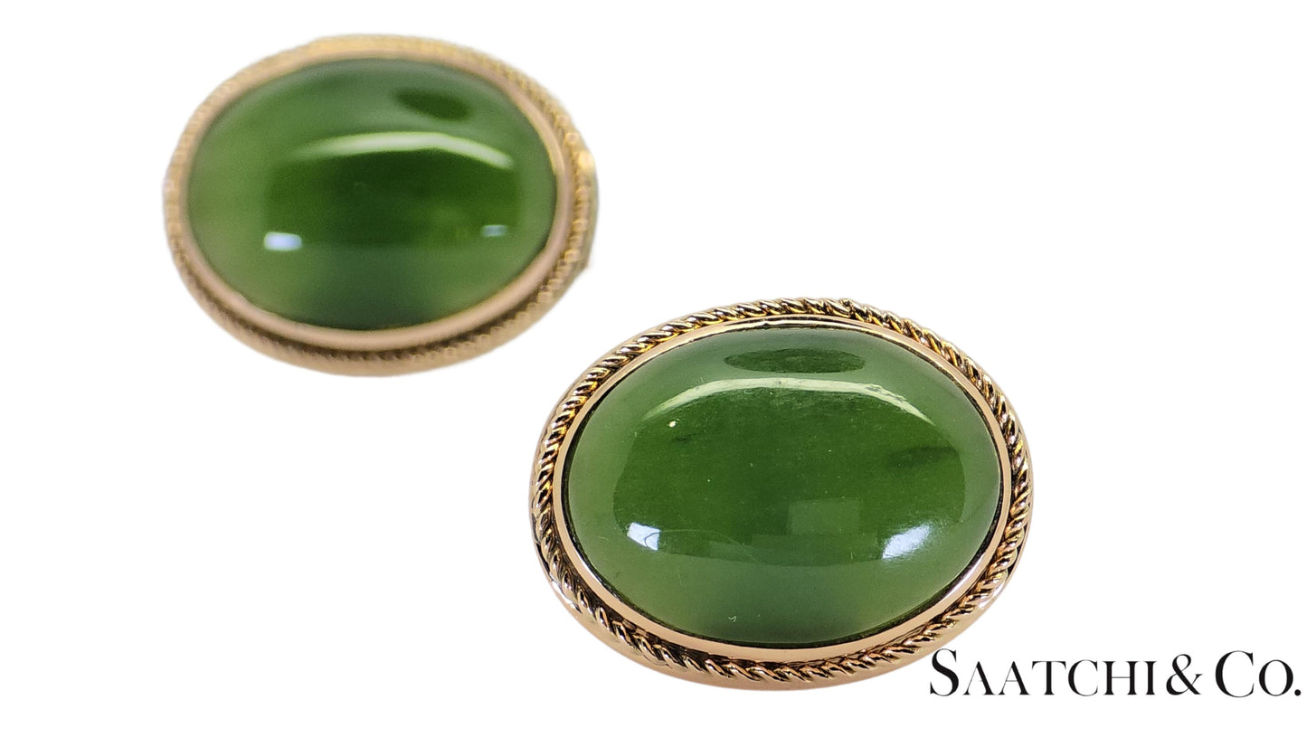 18K (750) Yellow Gold - Natural Green Jade Cabochon Cut: cufflinks