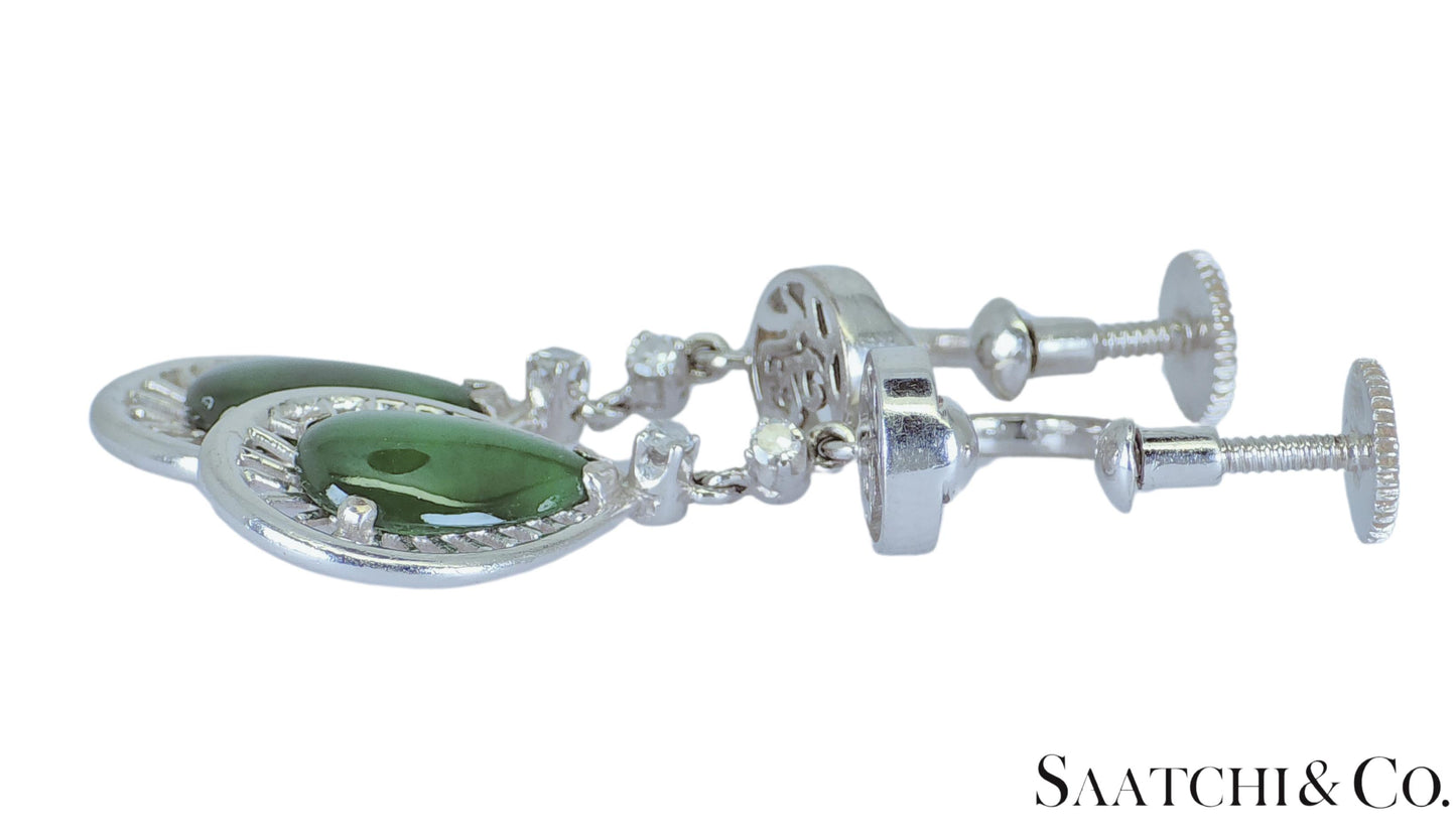 14K (585) White Gold - Natural Jade Pearl Shape & Diamond: Earrings, 5.3 Grams
