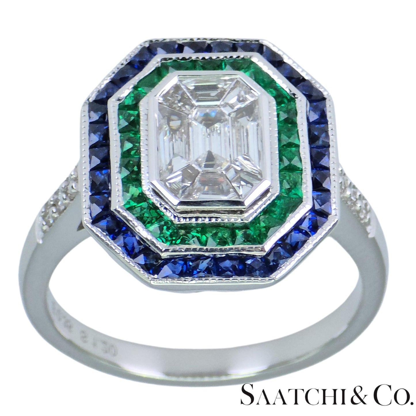 18K (750) Illusion Emerald Shape Natural Round VVS Diamond Sapphire Emerald Ring