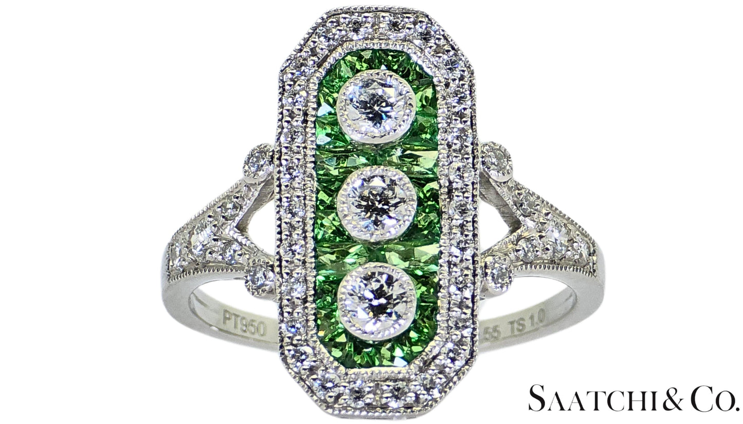 Platinum (950) Natural 1 Ct Tsavorite & 0.55 Ct Natural Diamond Ring