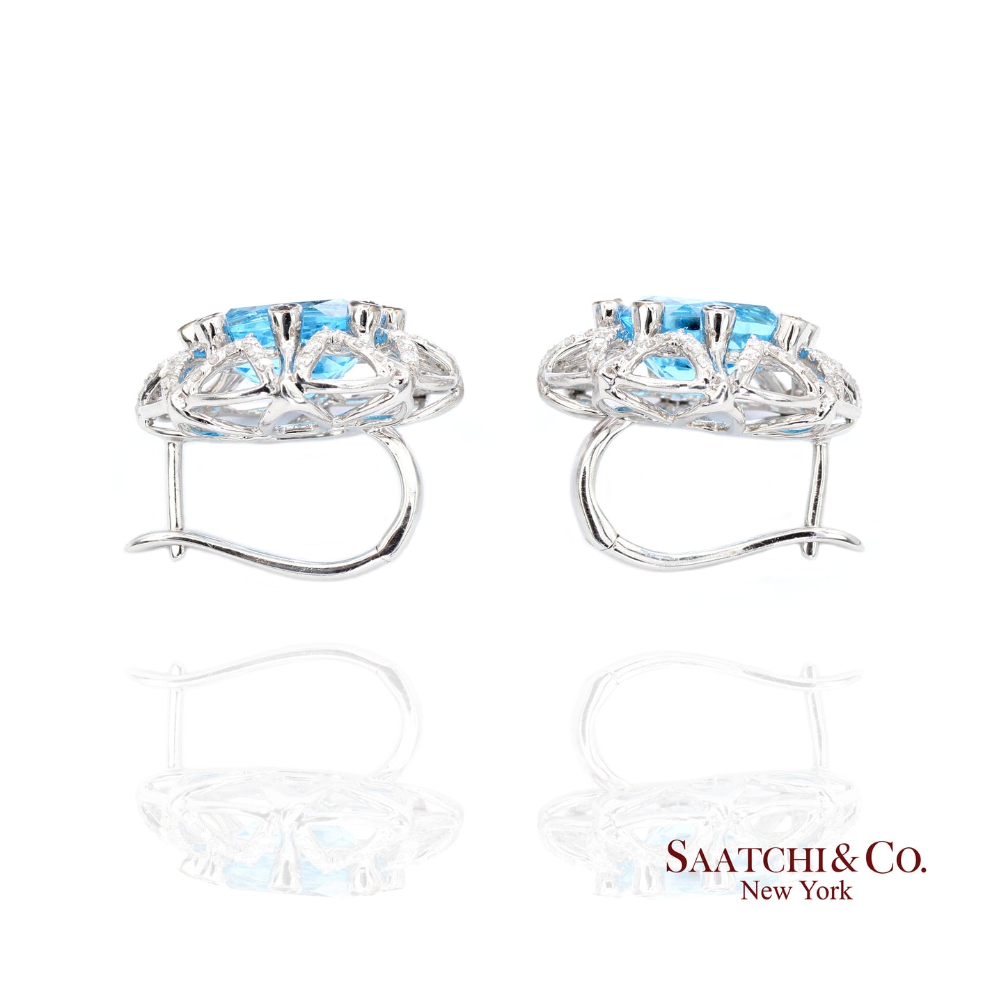 14k (585) White Gold Natural Blue Topaz and Diamond Earrings