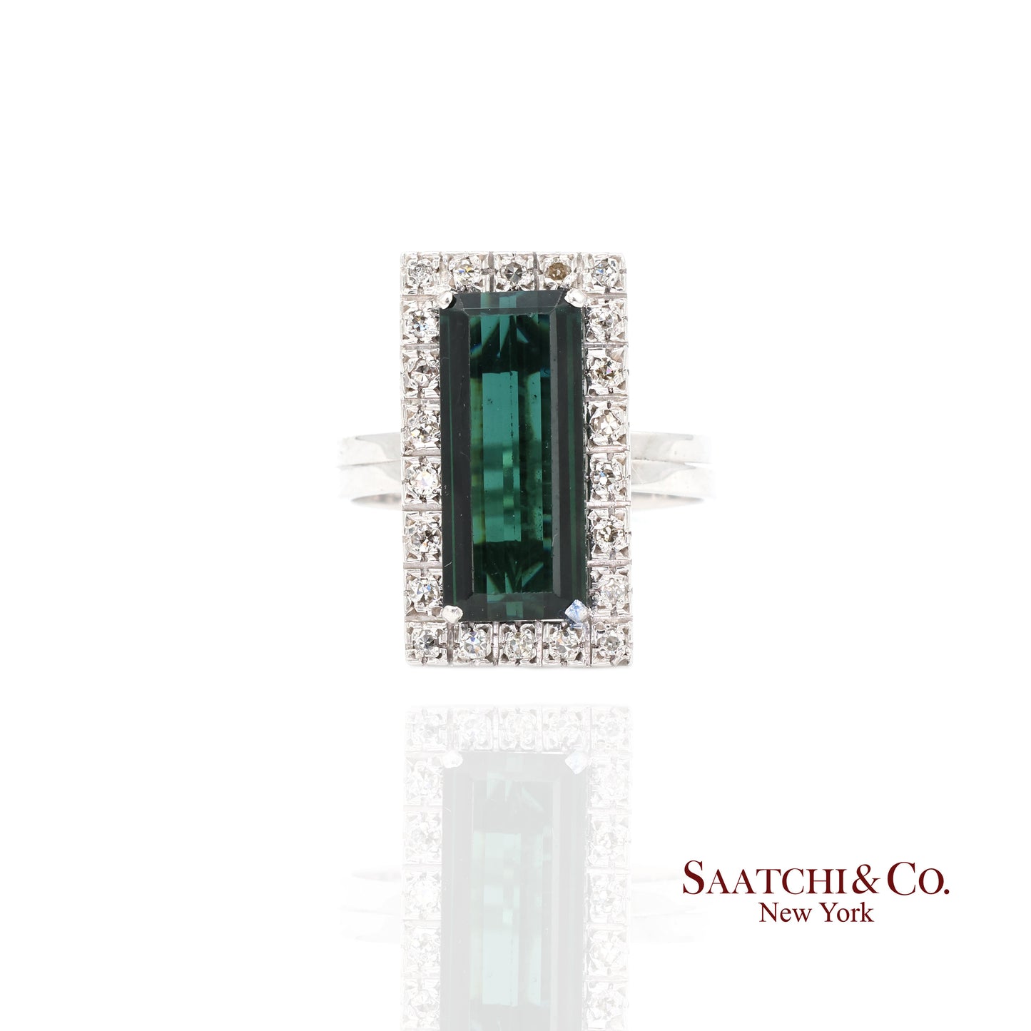 Pt 900 Natural Green Tourmaline and Natural Diamond Ring