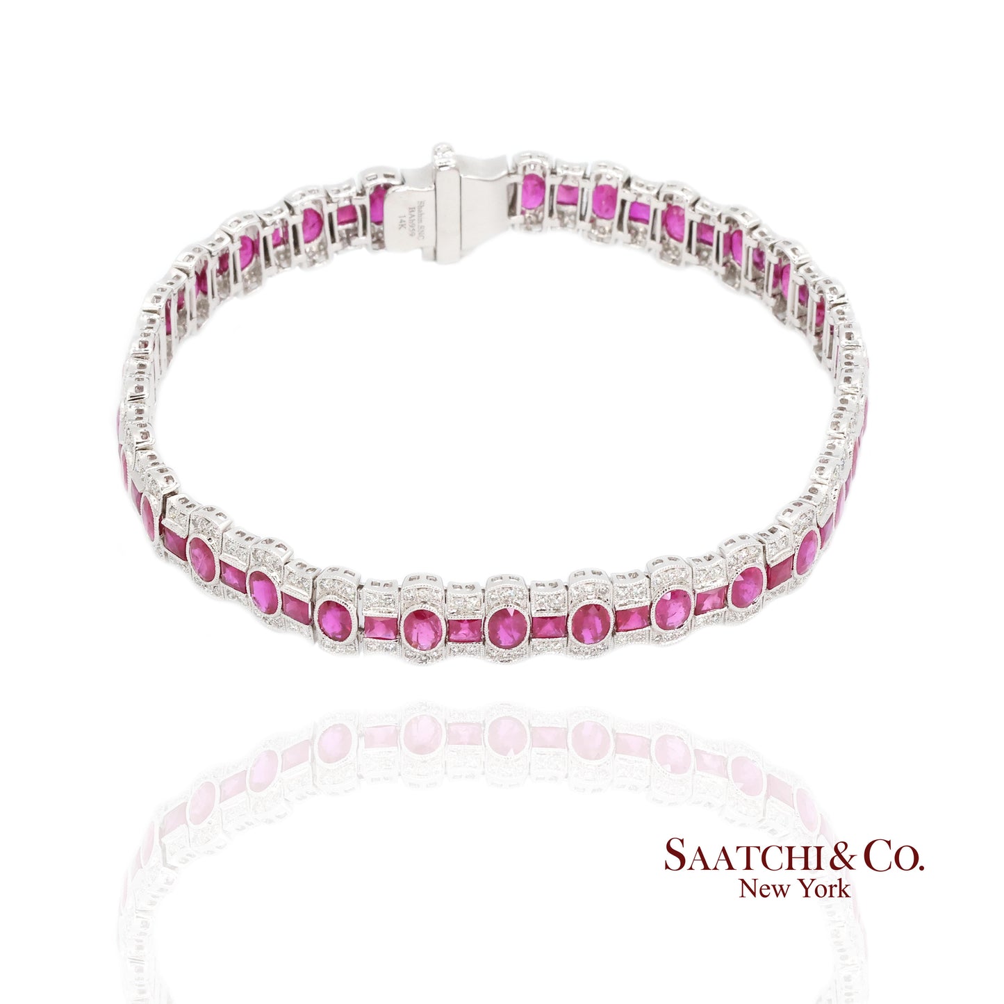 14K White Gold Natural Ruby Diamond Tennis Bracelet Milgrain Setting