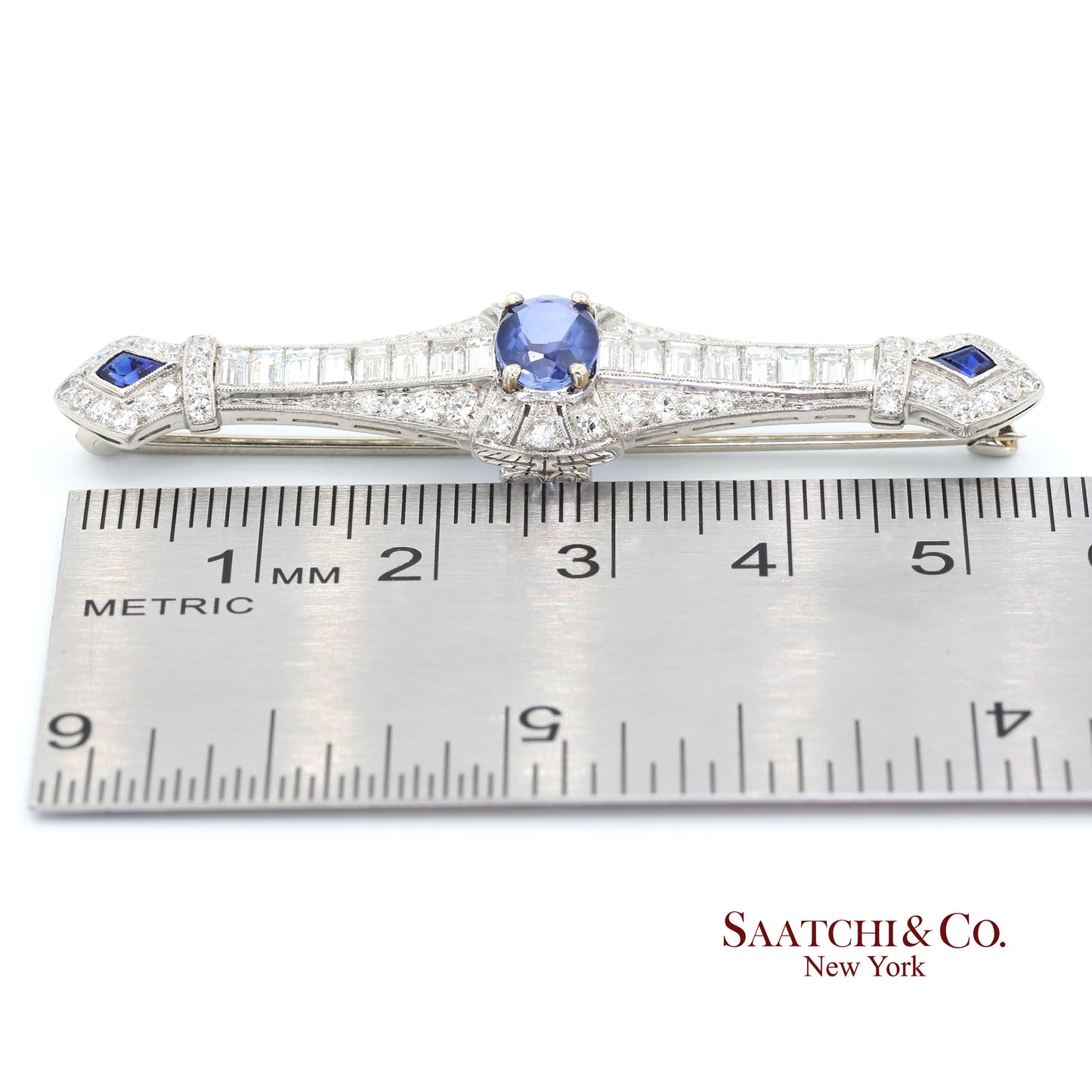 Platinum 950 Natural Sapphire and Diamond Brooch