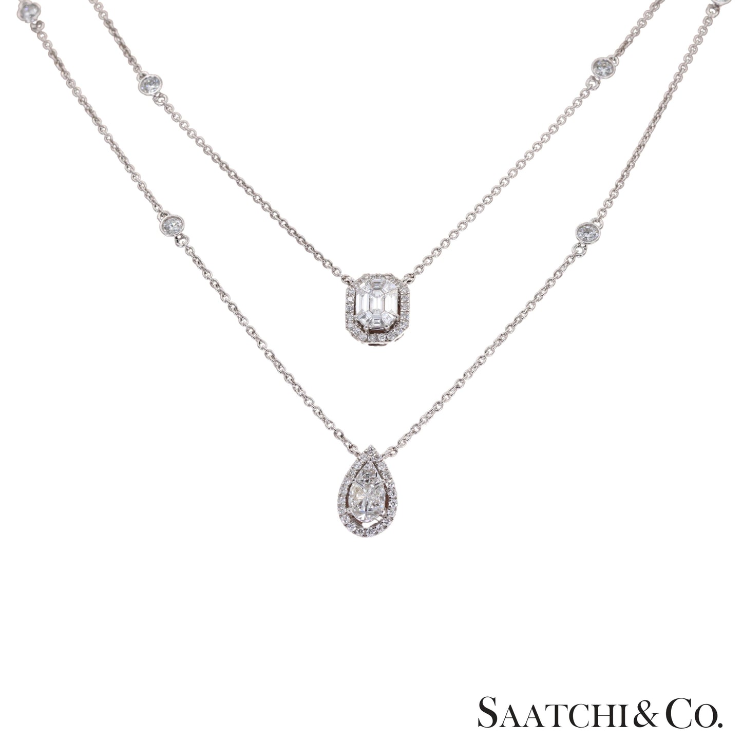18k white gold pie cut pear and Emerald setting natural diamond necklace