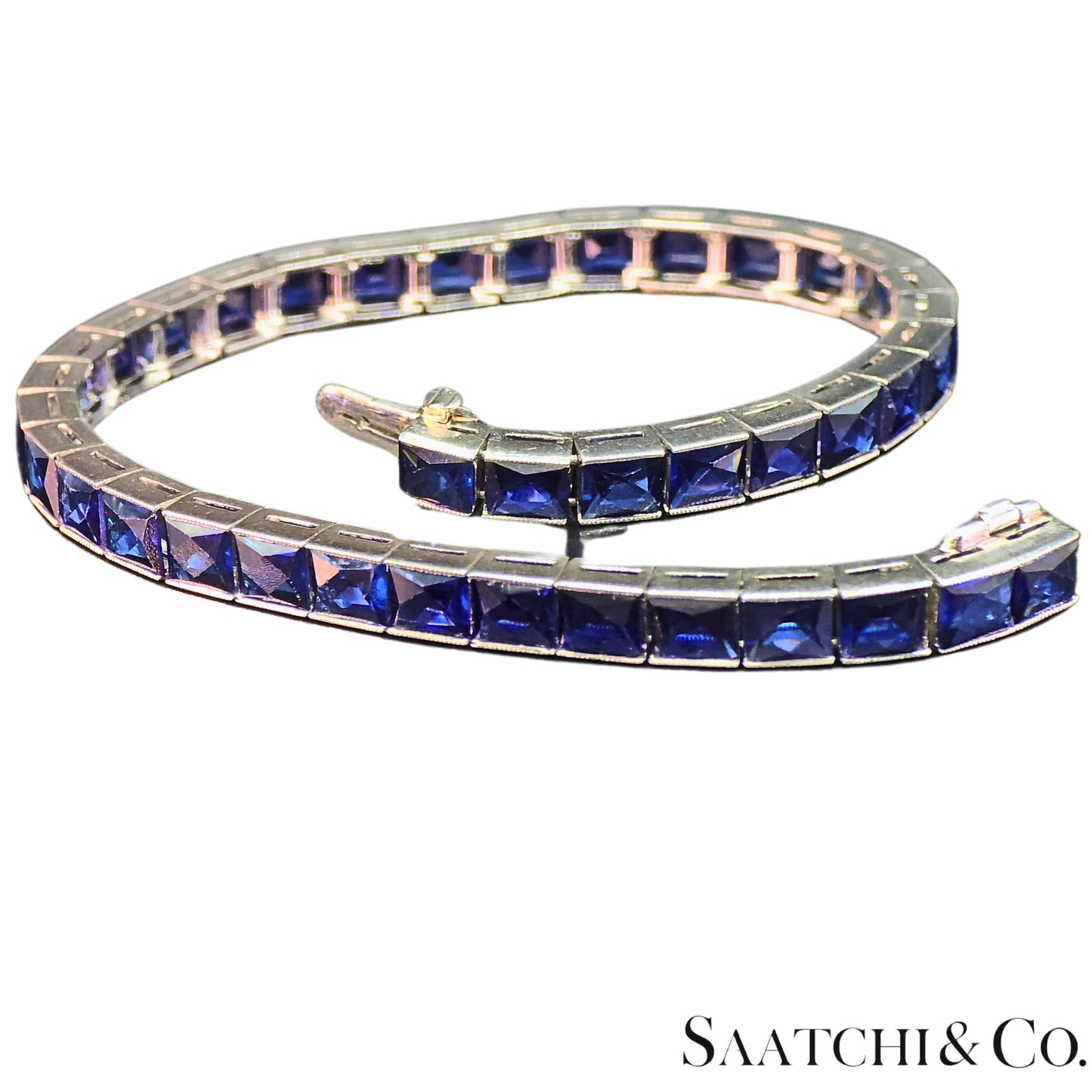 Platinum (950) LAB Created Top Quality Sapphire Grench Cut: Tennis Bracelet