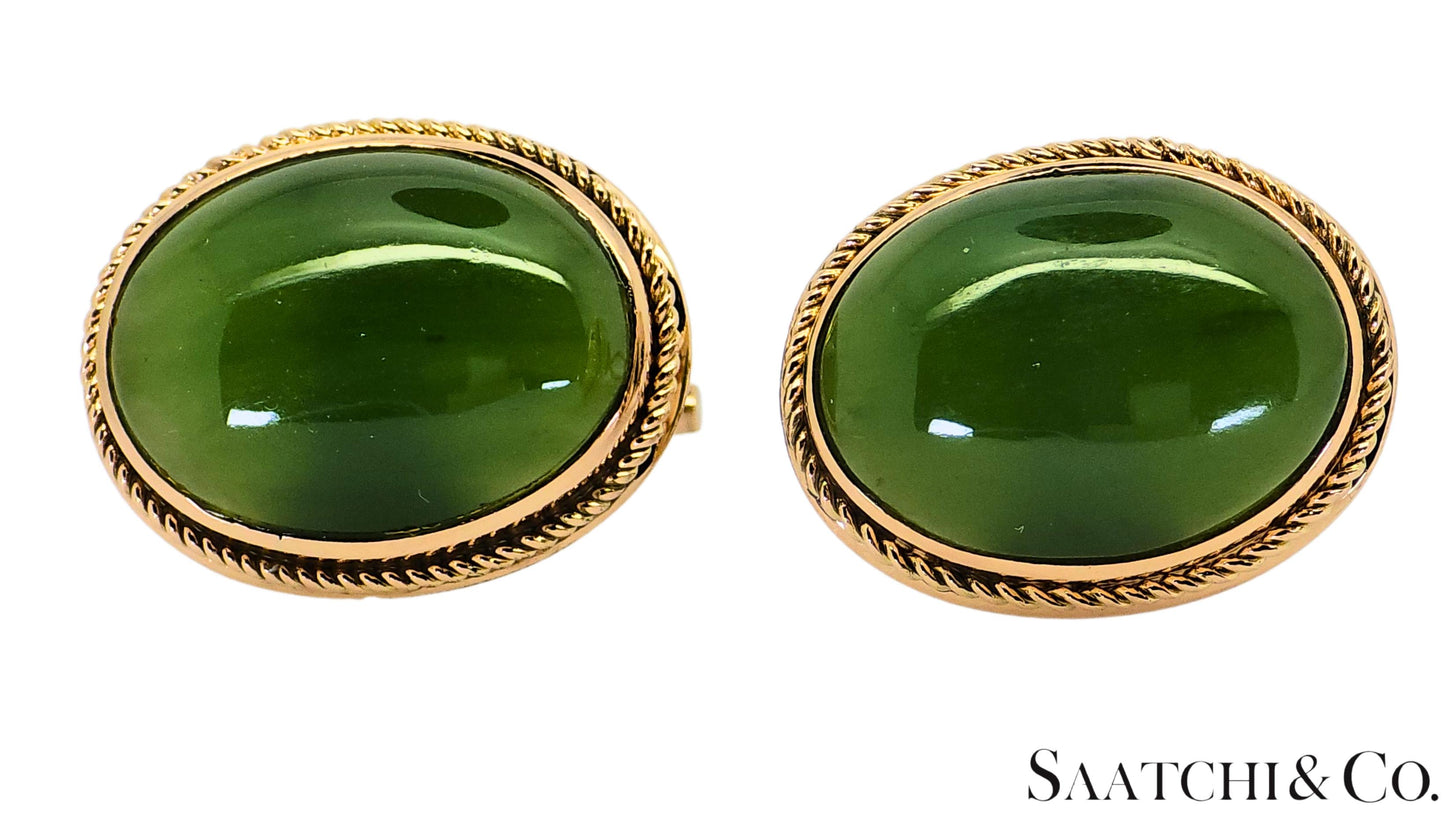 18K (750) Yellow Gold - Natural Green Jade Cabochon Cut: cufflinks