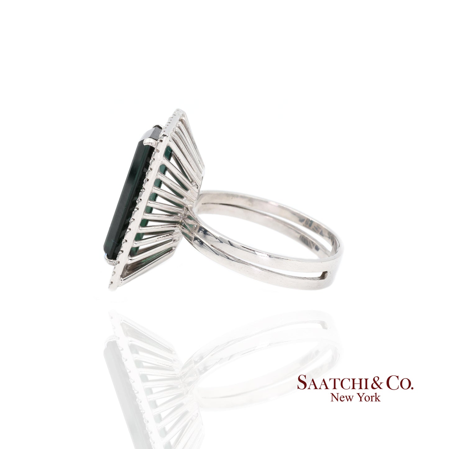 Pt 900 Natural Green Tourmaline and Natural Diamond Ring