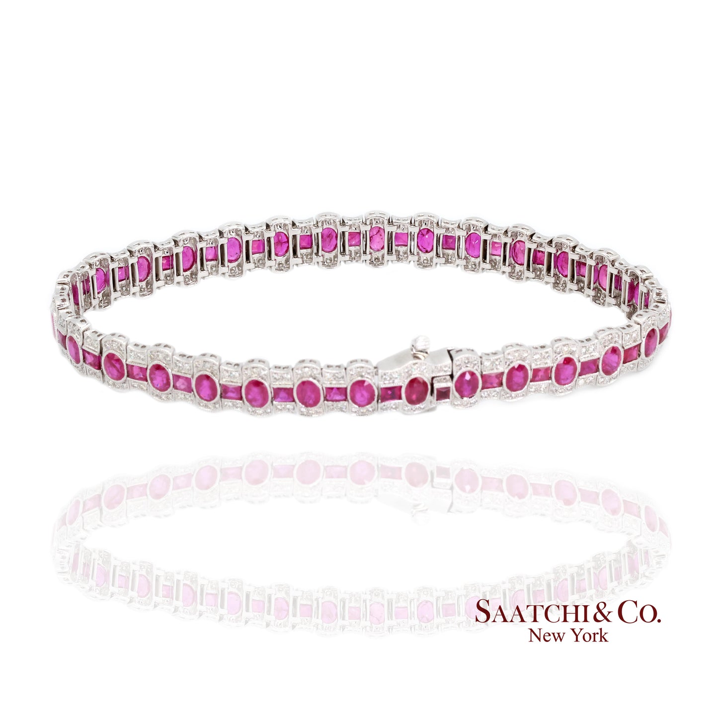 14K White Gold Natural Ruby Diamond Tennis Bracelet Milgrain Setting