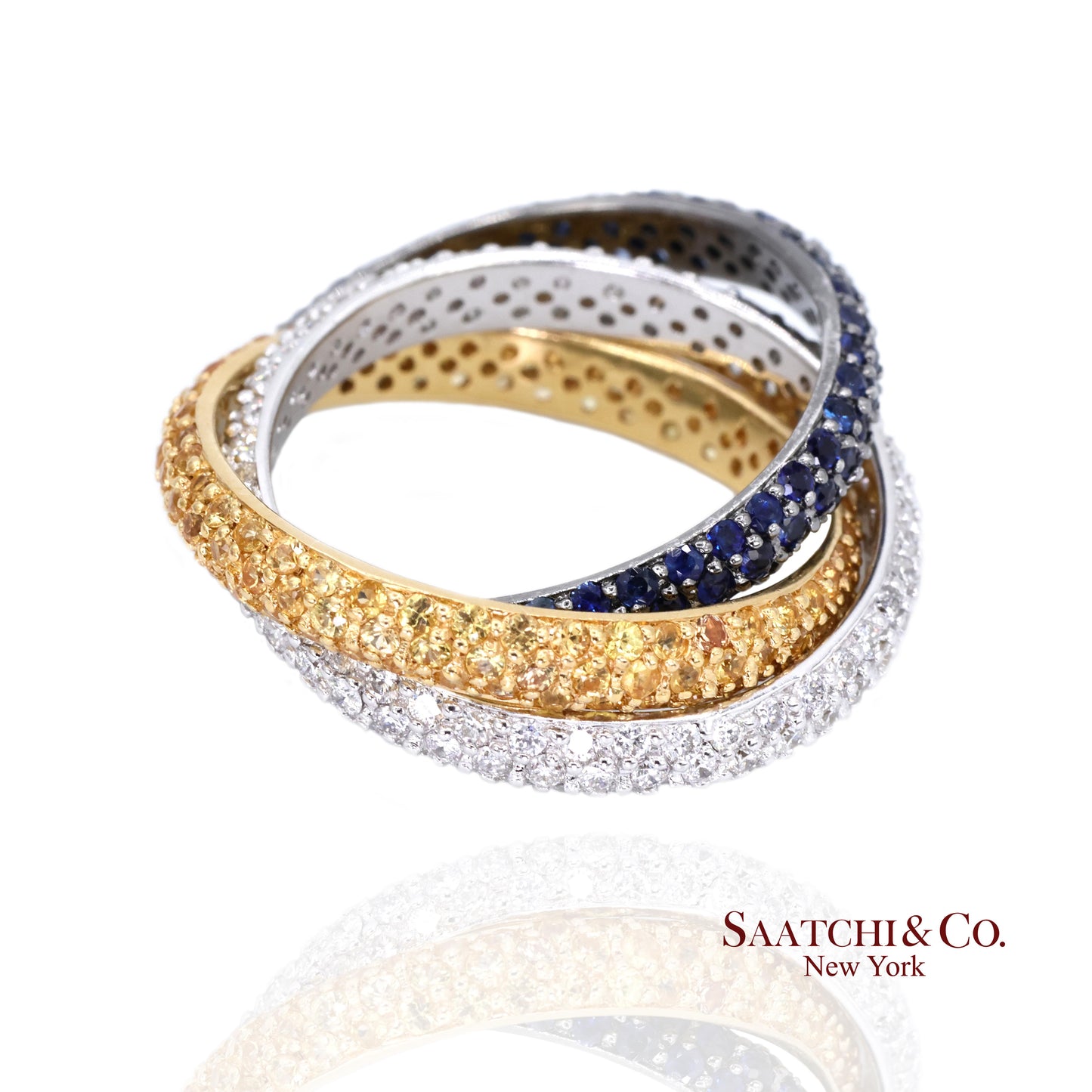 18k (750) Gold Tri Color Natural Diamond and Sapphire Ring Band