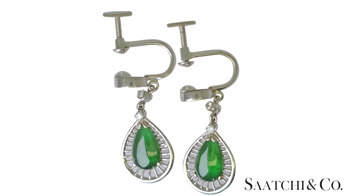 14K (585) White Gold - Natural Jade Pearl Shape & Diamond: Earrings, 5.3 Grams