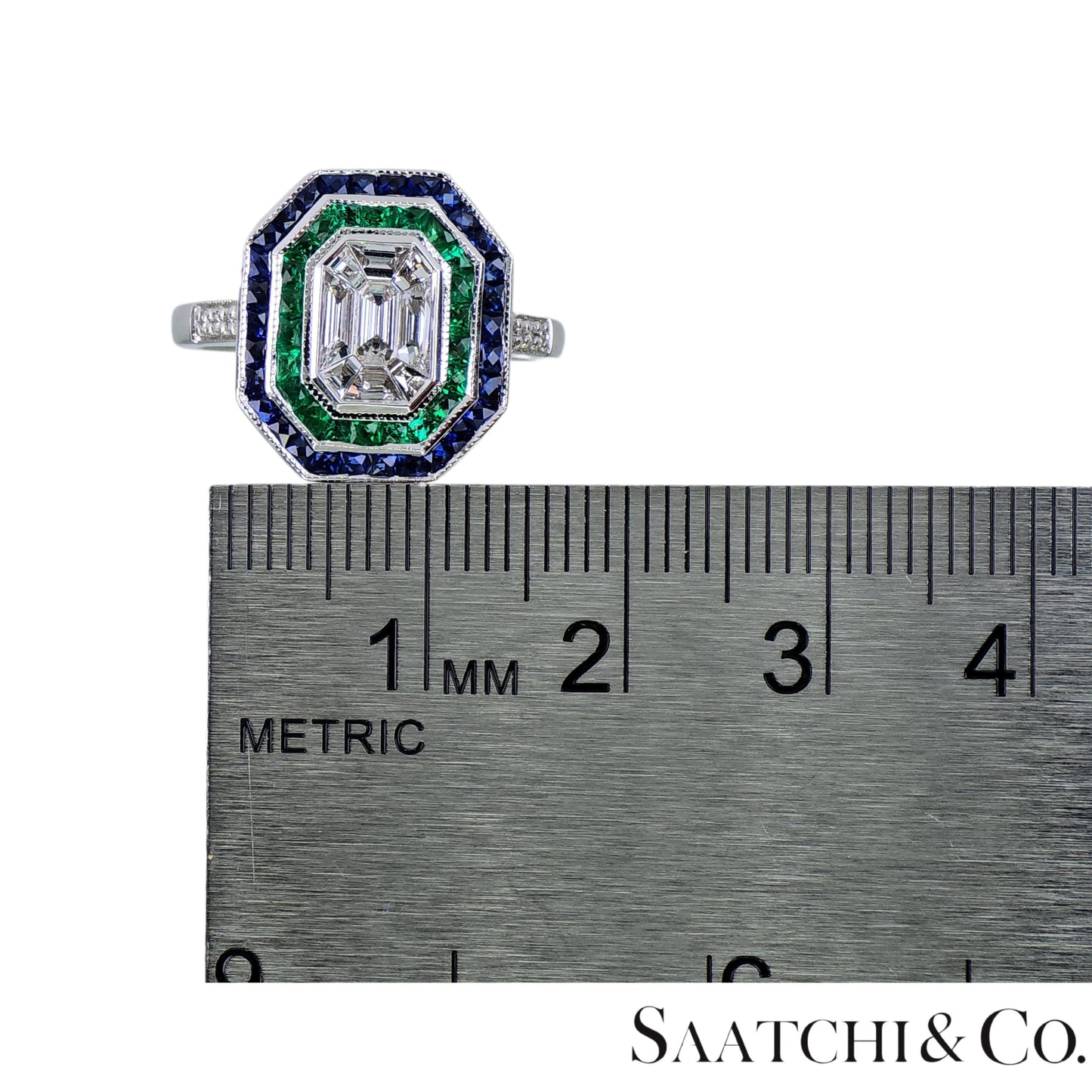 18K (750) Illusion Emerald Shape Natural Round VVS Diamond Sapphire Emerald Ring