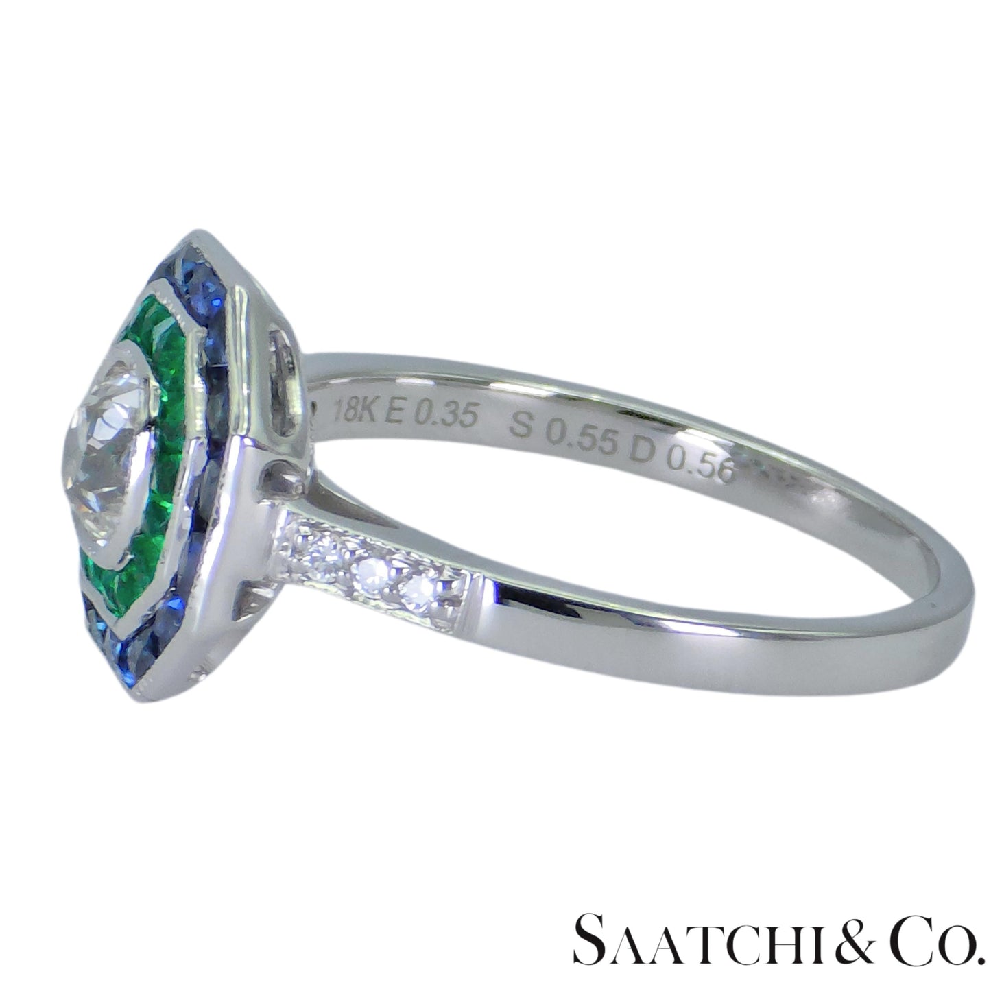 18K (750) White Gold Cushion Shape Natural Diamond Sapphire Emerald: Ring