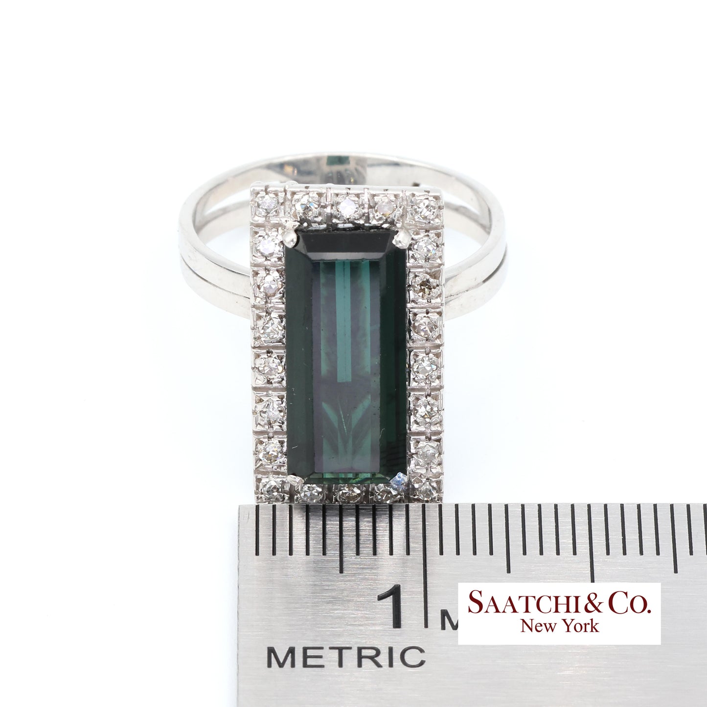 Pt 900 Natural Green Tourmaline and Natural Diamond Ring