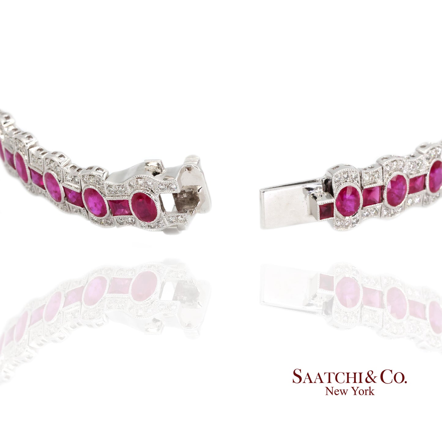 14K White Gold Natural Ruby Diamond Tennis Bracelet Milgrain Setting