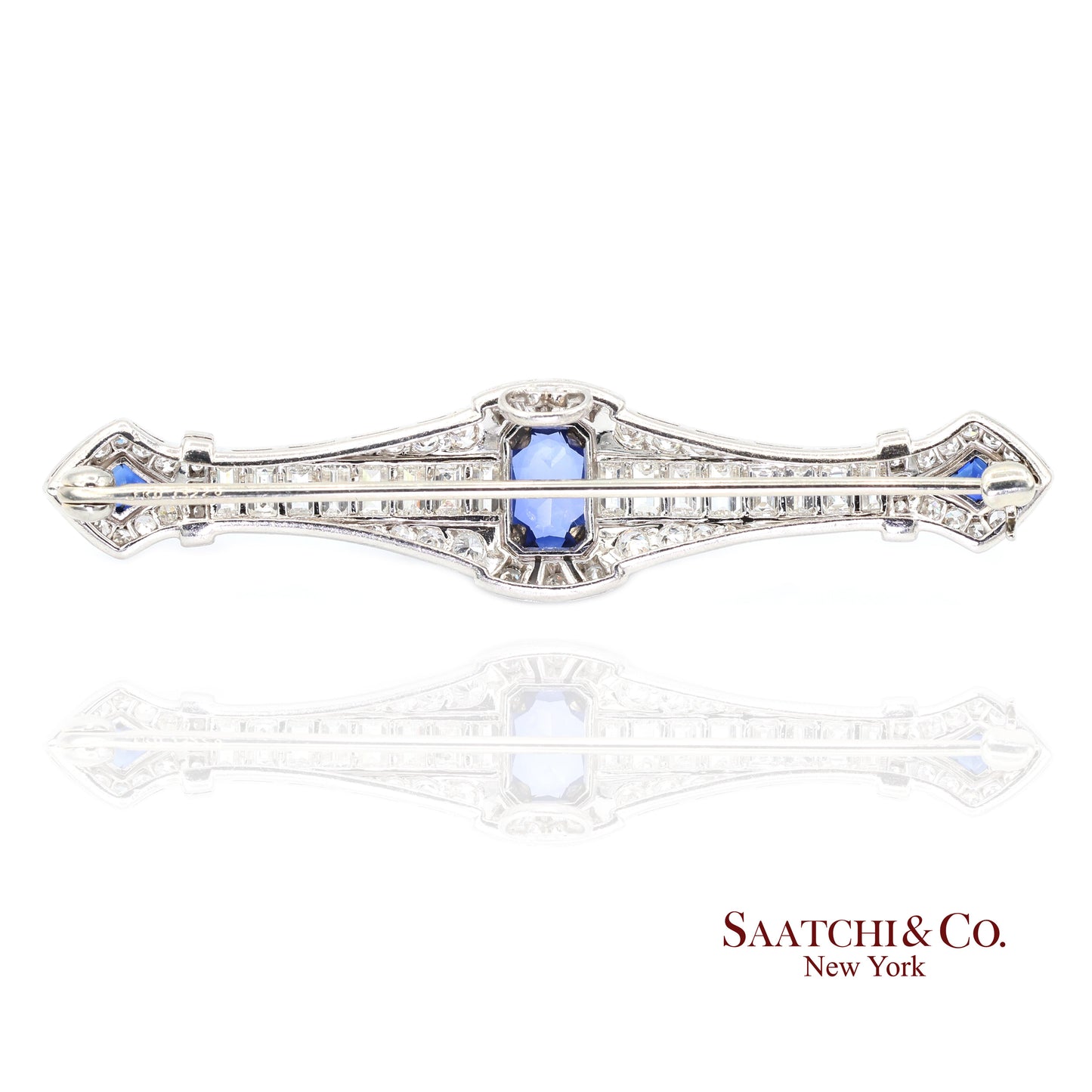 Platinum 950 Natural Sapphire and Diamond Brooch