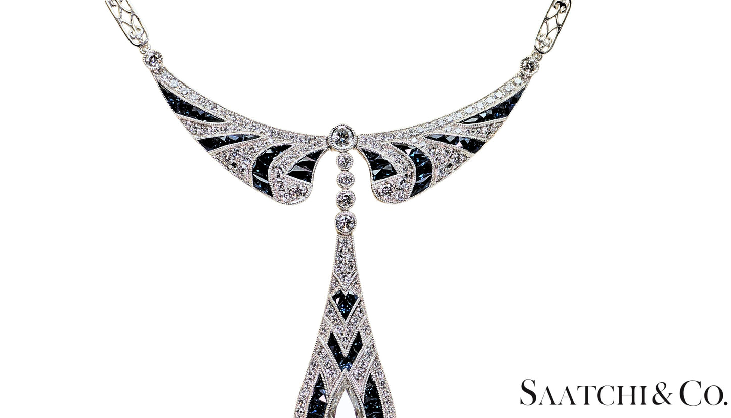 GIA Certified Diamond and Natural Sapphire in Platinum 950 Elegant Necklace