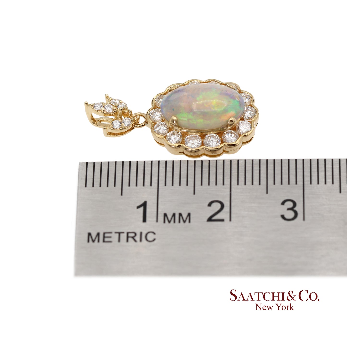 18K 750 Solid Yellow Gold Natural Diamond and Natural Opal Pendant Necklace