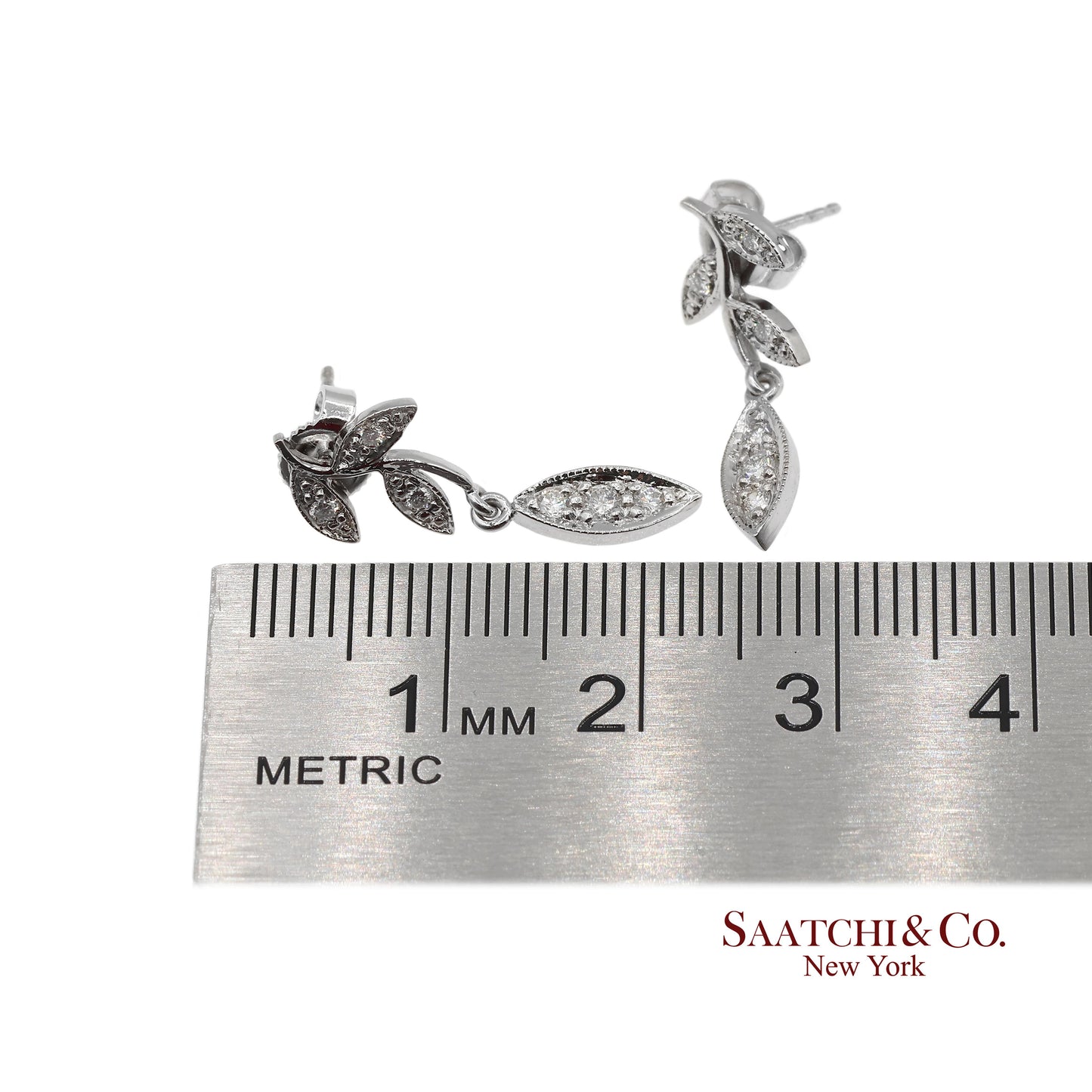 18K 750 Solid White Gold Marquise Shape Natural Diamond Leaf Drop Earrings