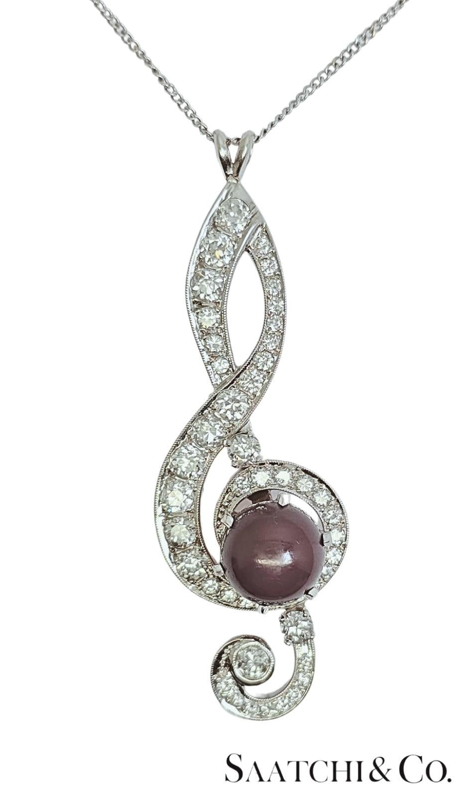 Black Pearl, 14K(585) white gold Pendant, Natural Diamond, Musical g Clef symbol