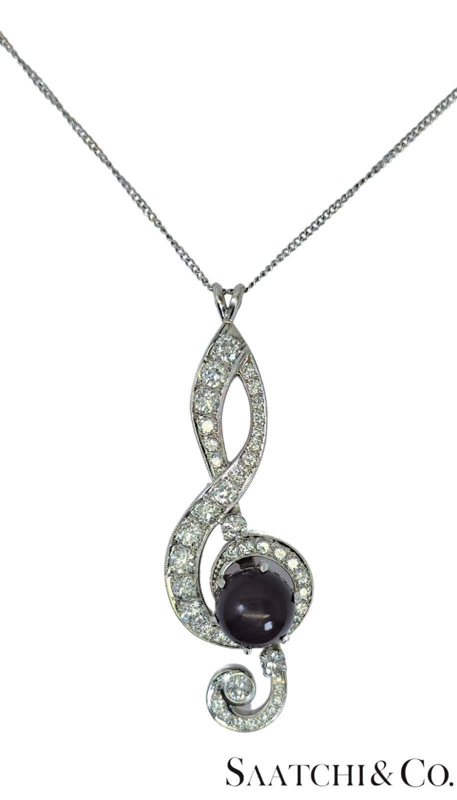 Black Pearl, 14K(585) white gold Pendant, Natural Diamond, Musical g Clef symbol
