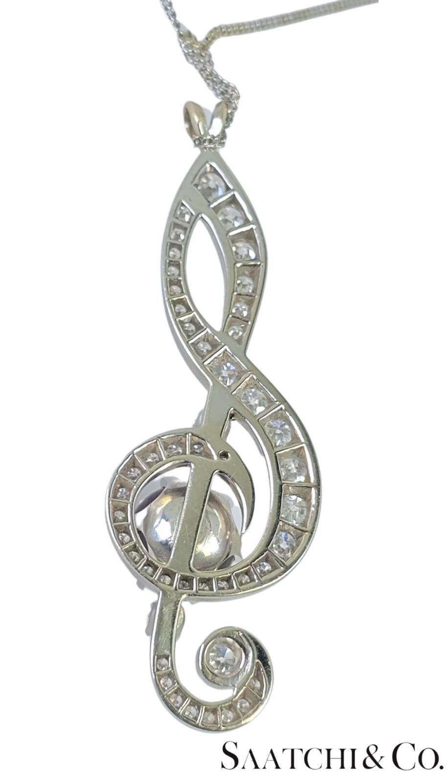 Black Pearl, 14K(585) white gold Pendant, Natural Diamond, Musical g Clef symbol