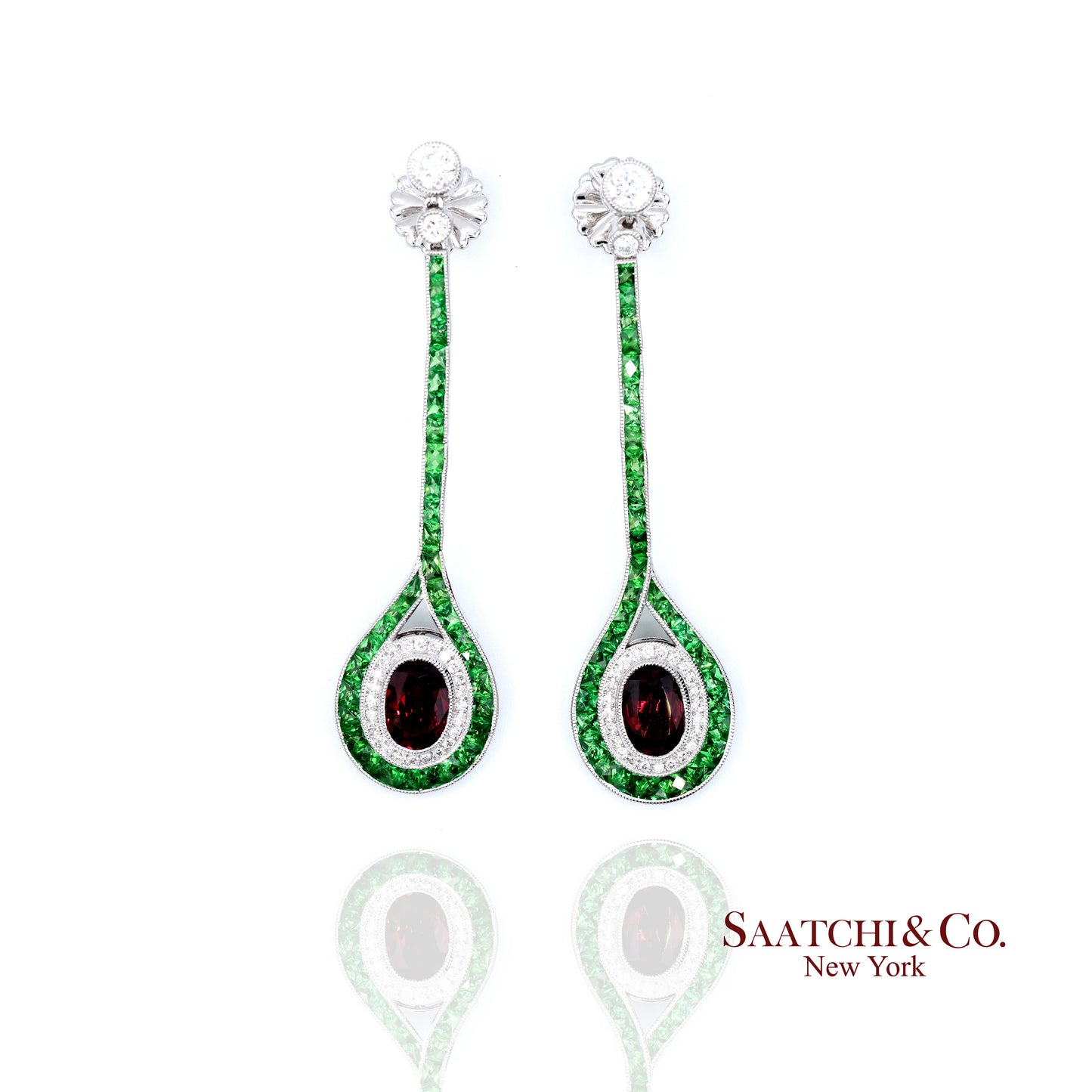 Platinum 950 Dangling Natural Ruby Emerald and Diamond Earring