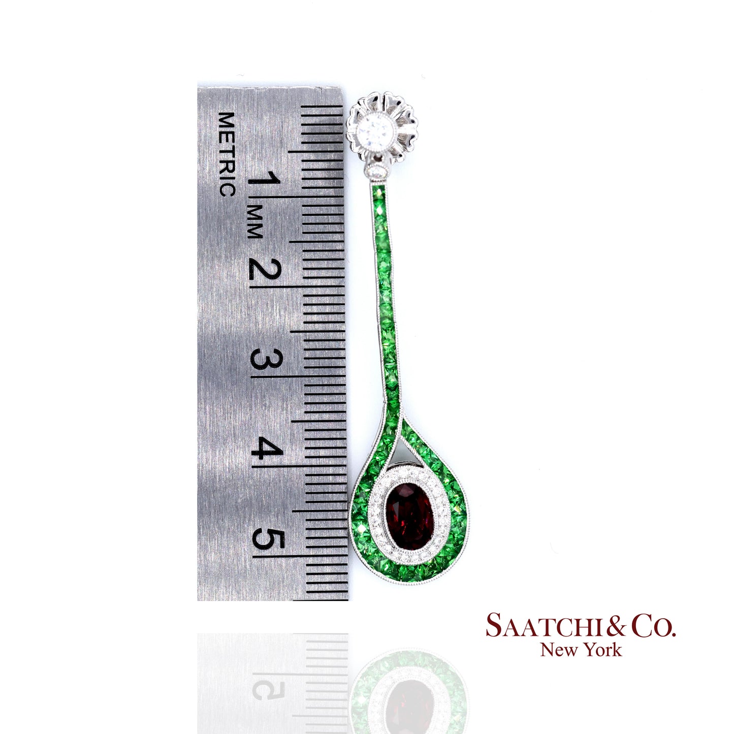 Platinum 950 Dangling Natural Ruby Emerald and Diamond Earring