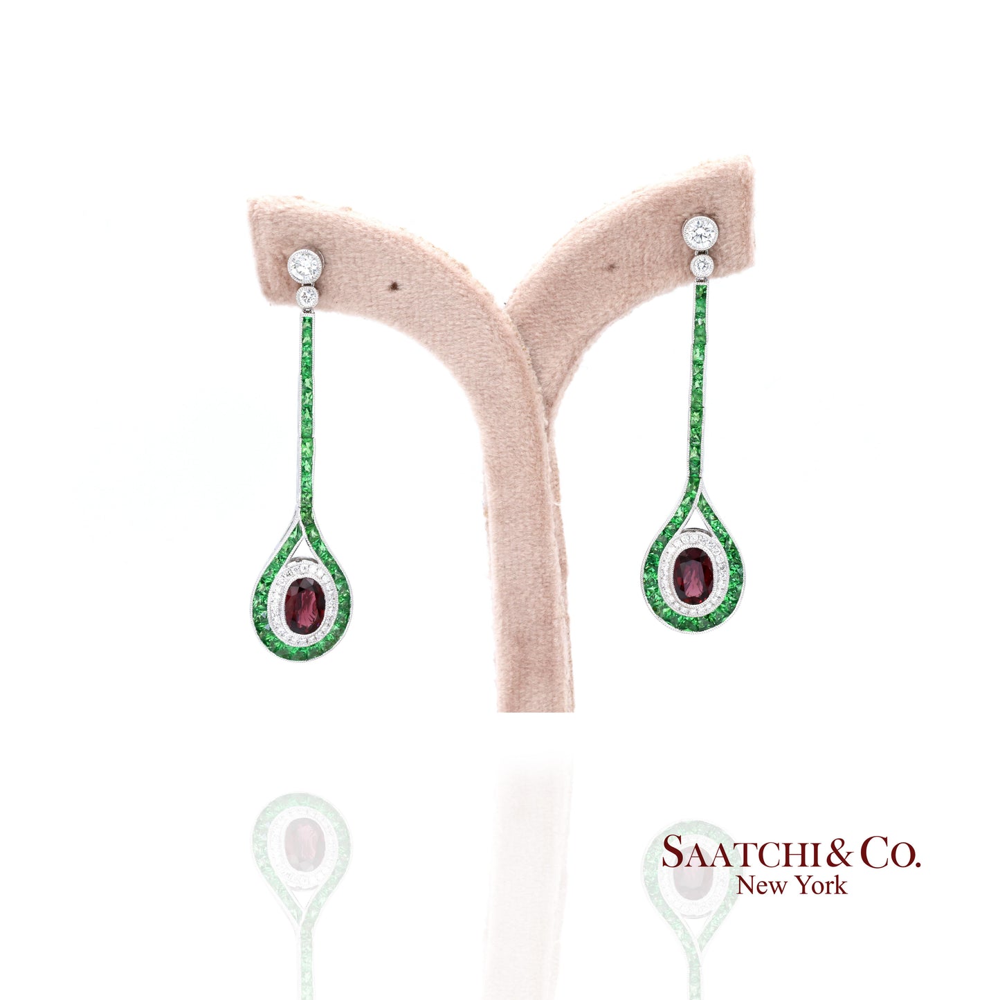 Platinum 950 Dangling Natural Ruby Emerald and Diamond Earring