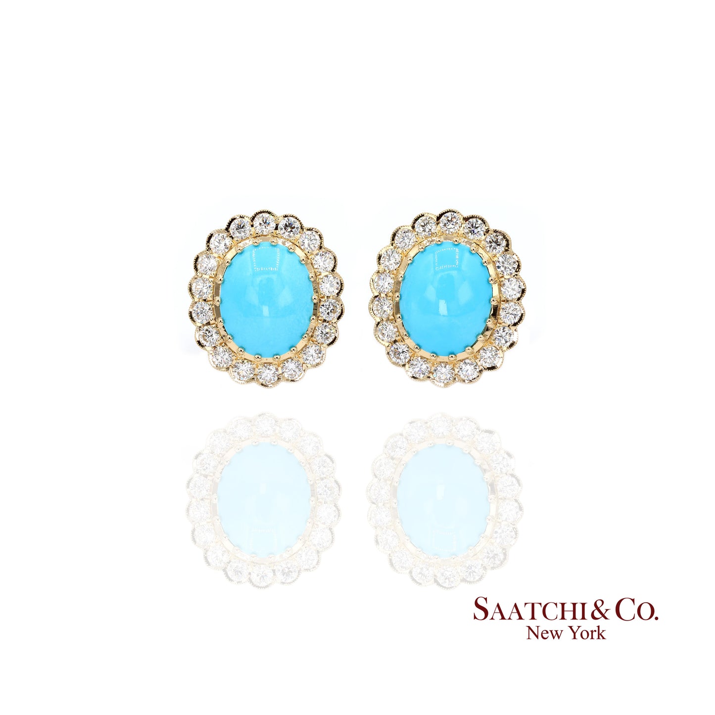 18K Natural Persian Turquoise Diamond Earrings Women Omega Back Style
