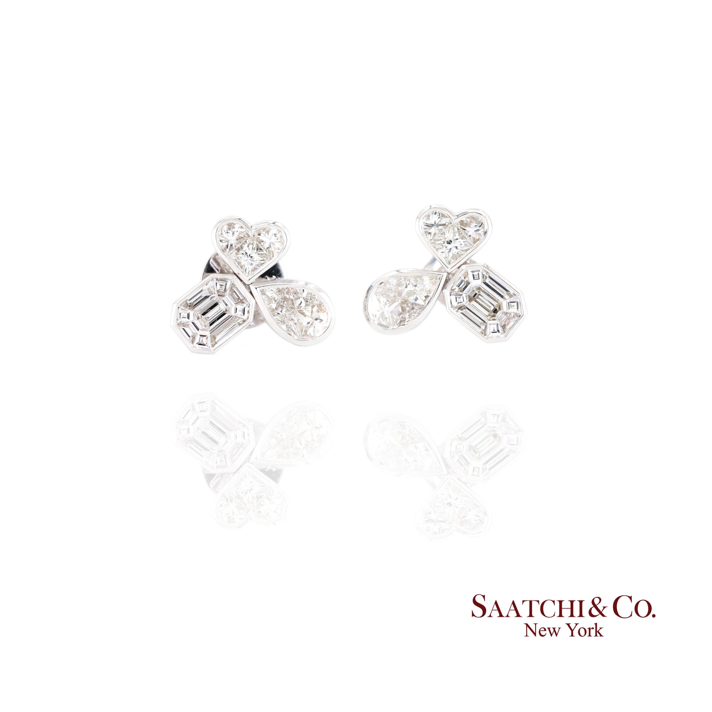 18K white gold Pie cut Pear and Emerald shape natural diamond Earring