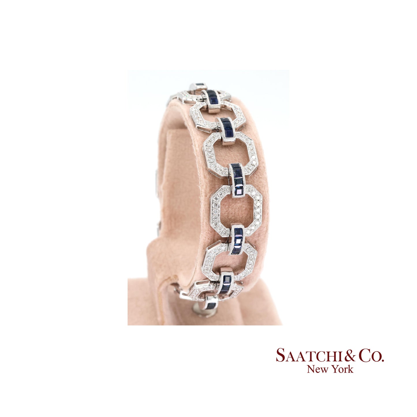 18k Sapphire Diamond Bracelet Womens White Gold 7.42in Milgrain Art Deco
