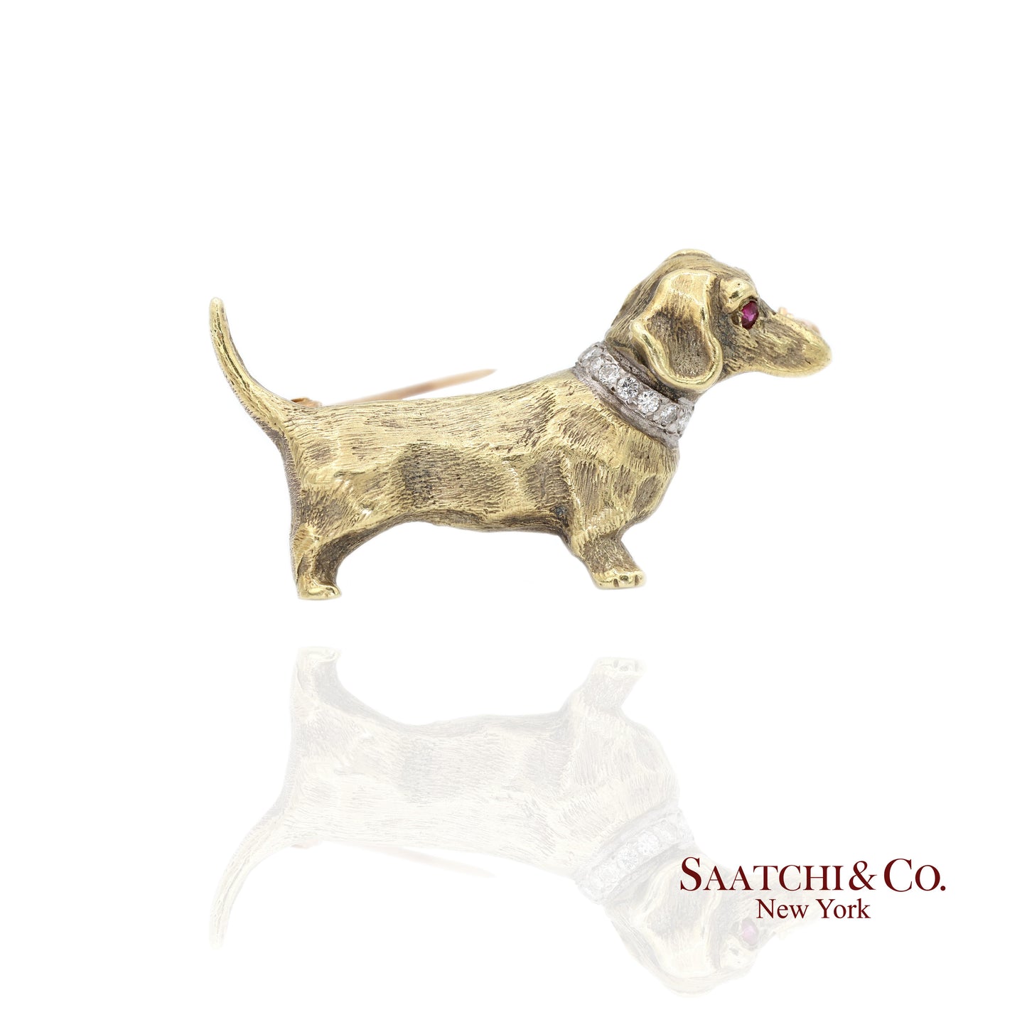 14k (585) Yellow Gold Natural Diamond Dachshund Brooch / Pin