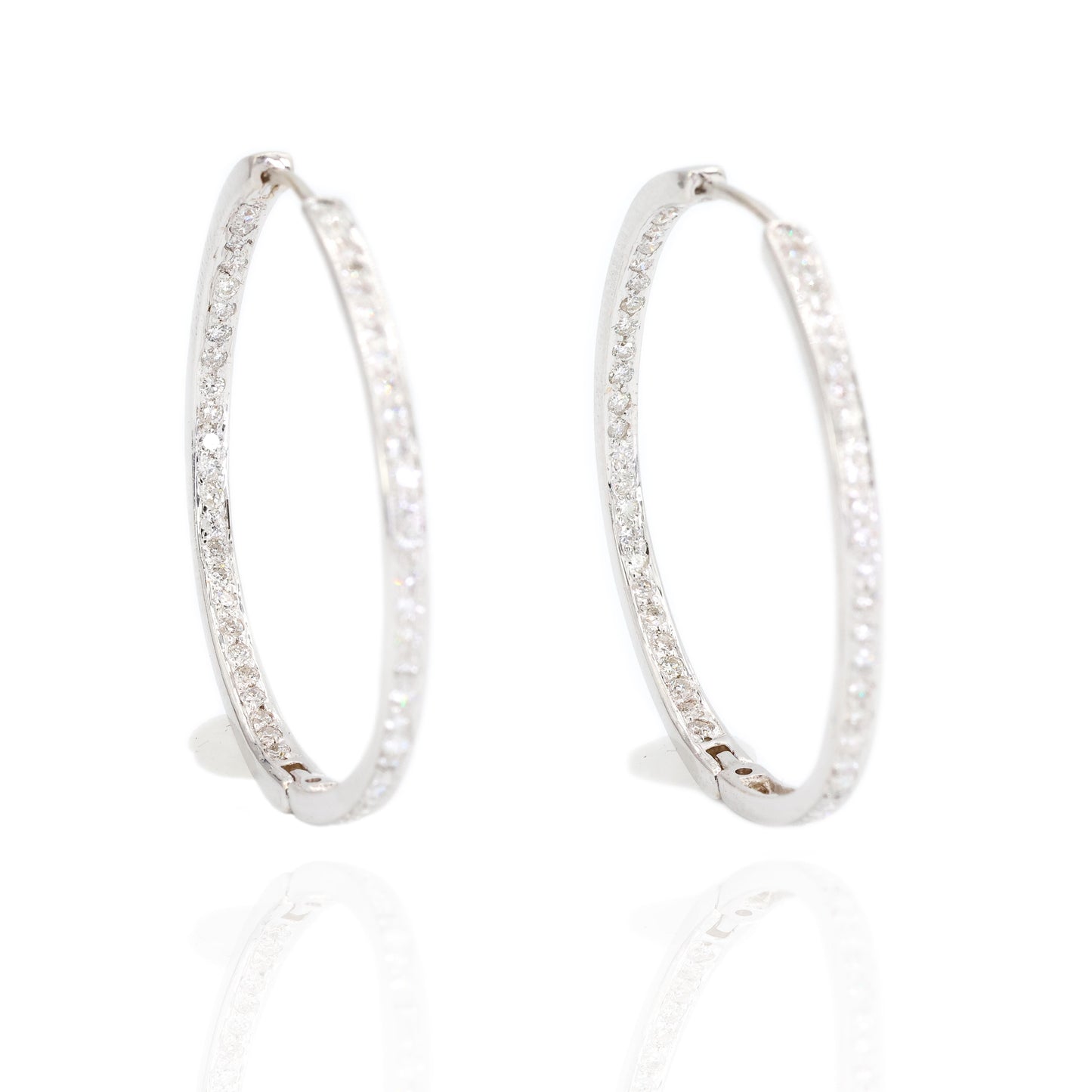 18K White Gold Natural Diamond Hoop Earrings In and Out Diamond